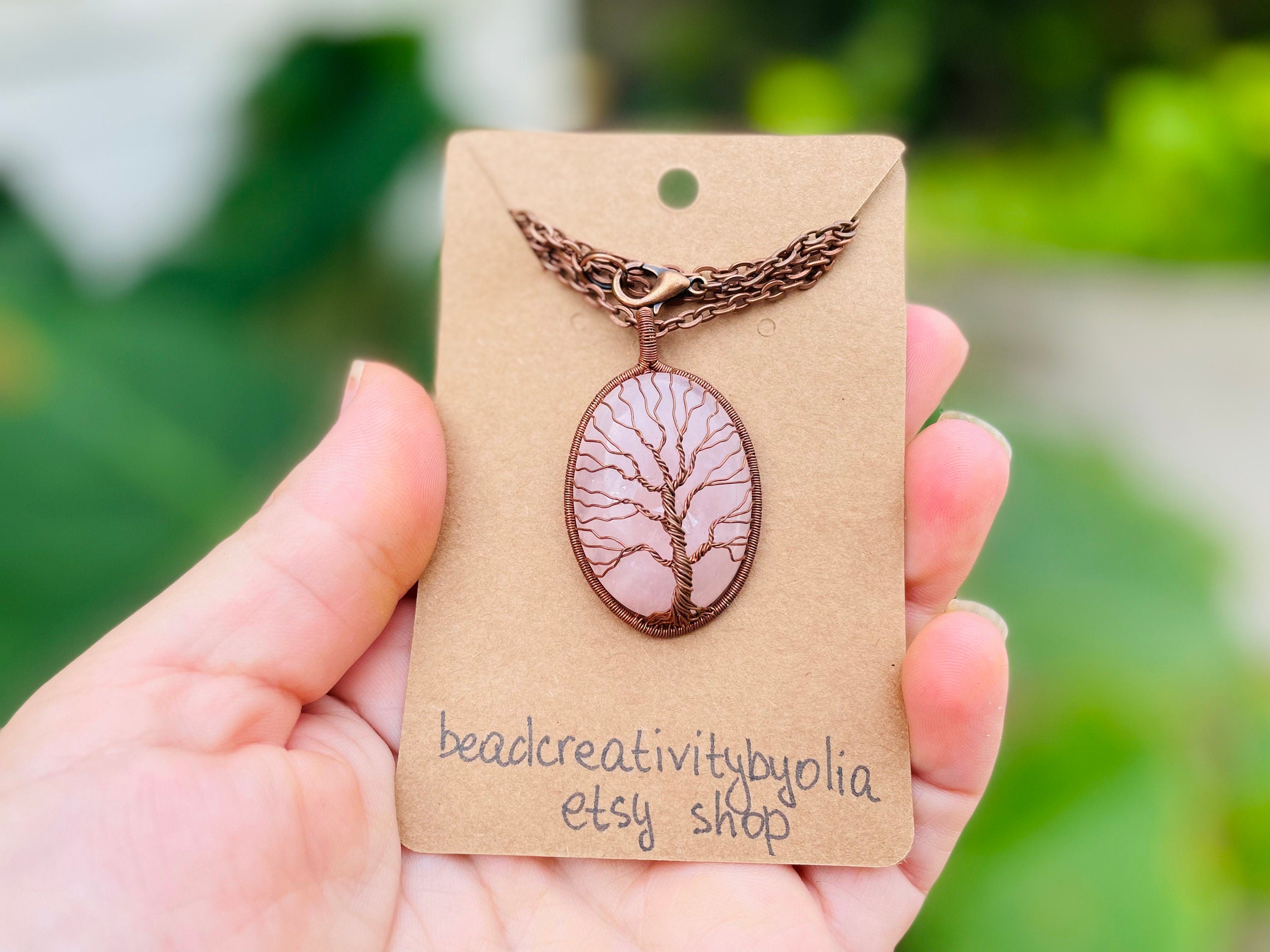 Rose Quartz Tree of Life Necklace: Copper Wire Wrapped Pendant, Custom Initial