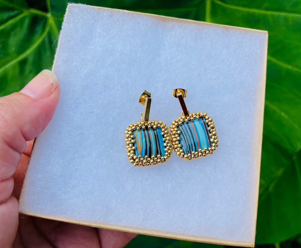Square dangle beaded earrings with striped turquoise malachite like crystals with gold or silver studs, 1.24 inch long earrings for women