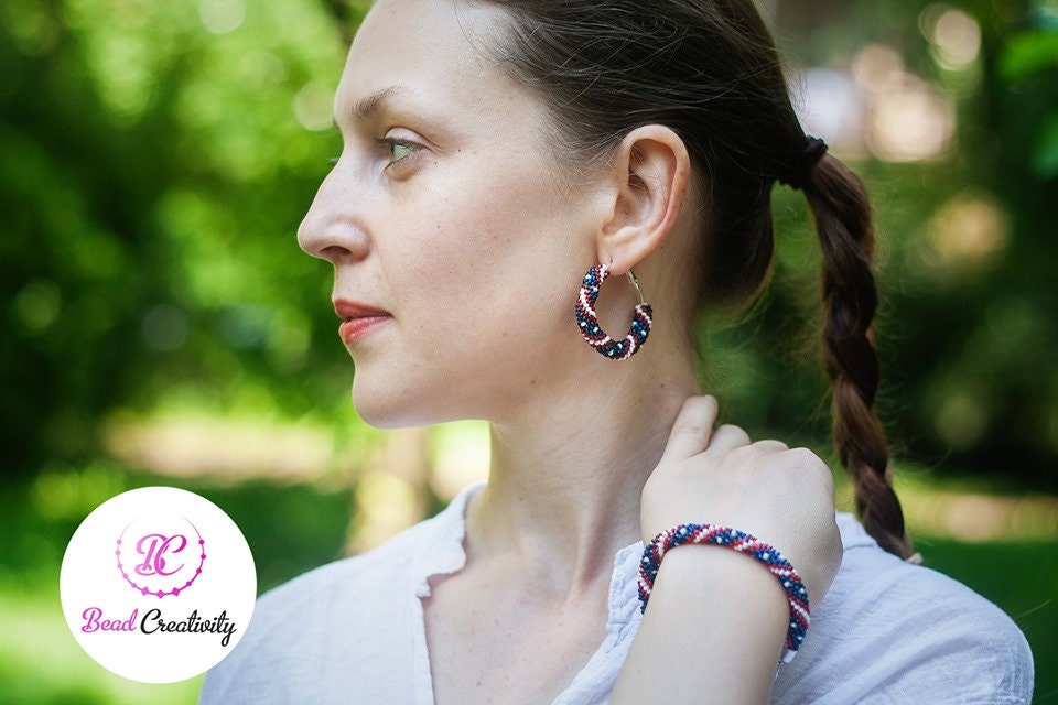 Patriotic Seed Bead Hoop Earrings & Bracelet: 4th of July Jewelry