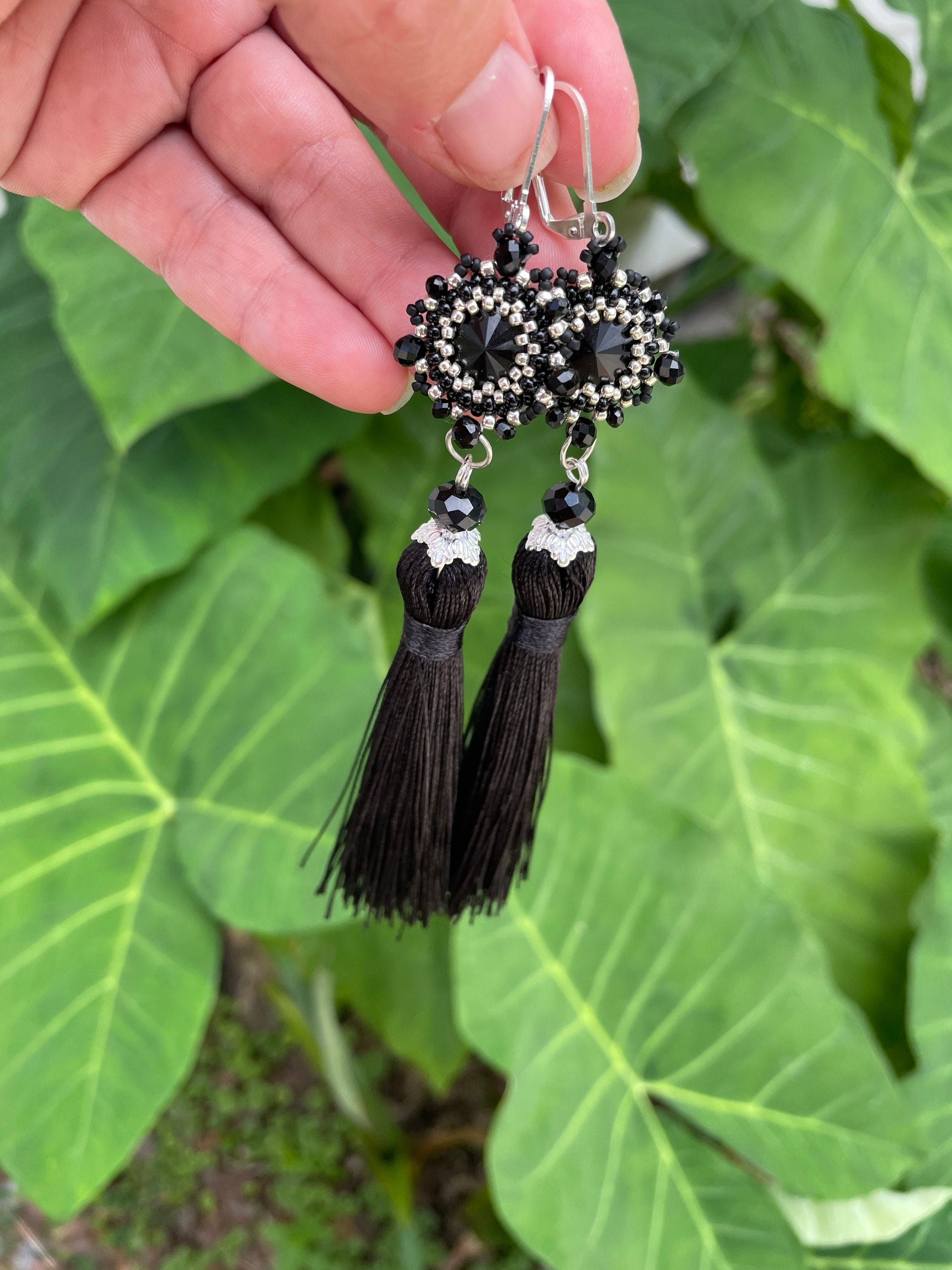 Handmade Black and Silver/Gold Swarovski Crystal Silk Tassel Chandelier Earrings for Women 3-6 inch Long Custom Tassel Color