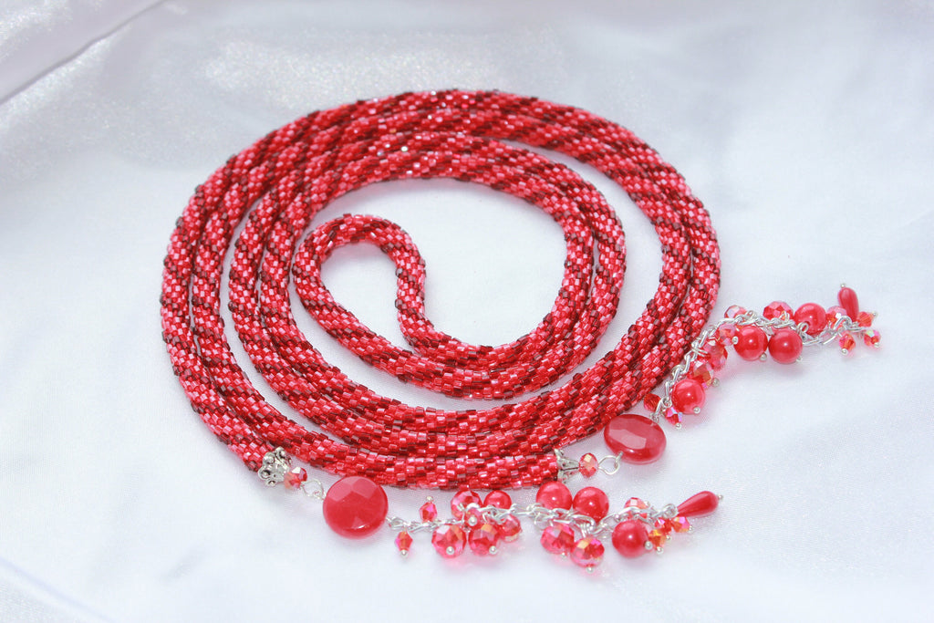 Christmas Ruby red Bead necklace, Beaded Layered Necklace Choker Gift For Her, Crochet Rope belt, Bohemian jewelry crystal lariat for wife