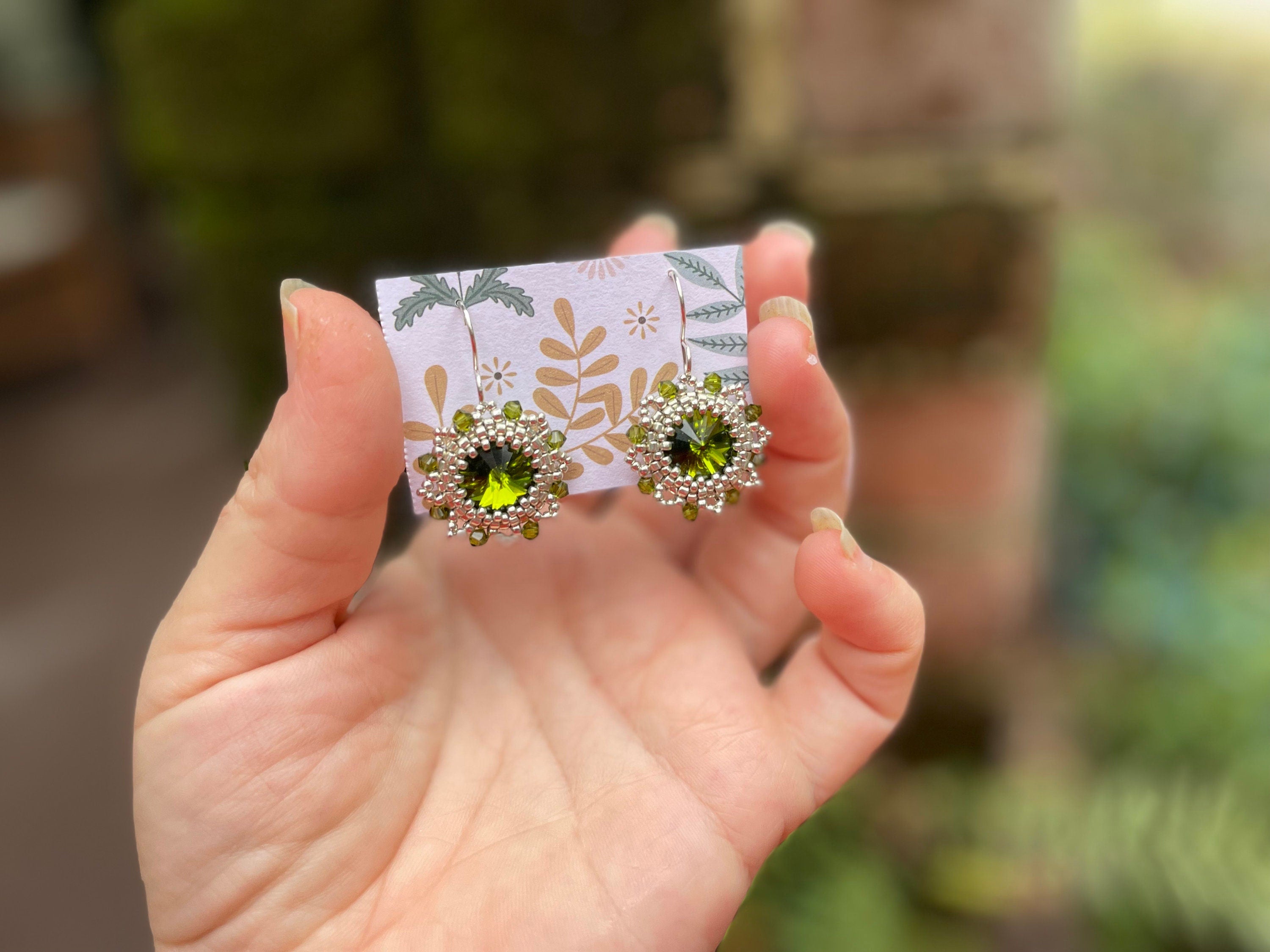 Chartreuse olive green Swarovski crystal sterling silver dangle earrings, handmade unique holiday jewelry gift boho green statement earrings