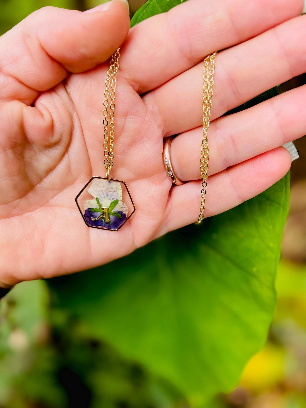 Real Violet Flower Necklace with Initial Pendant | Personalized Unique February Birthday Gift for Her