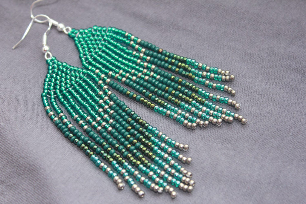 Emerald beaded earrings, Long earrings Fringe earrings, Ombre earrings Seed bead earrings, Chandelier earring Boho, beadwork earrings Dangle