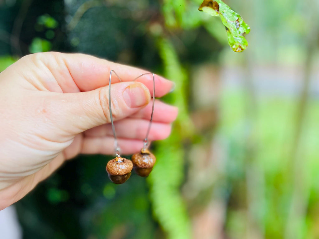 Real Acorn Threader Earrings: Rustic Fall Woodland Jewelry