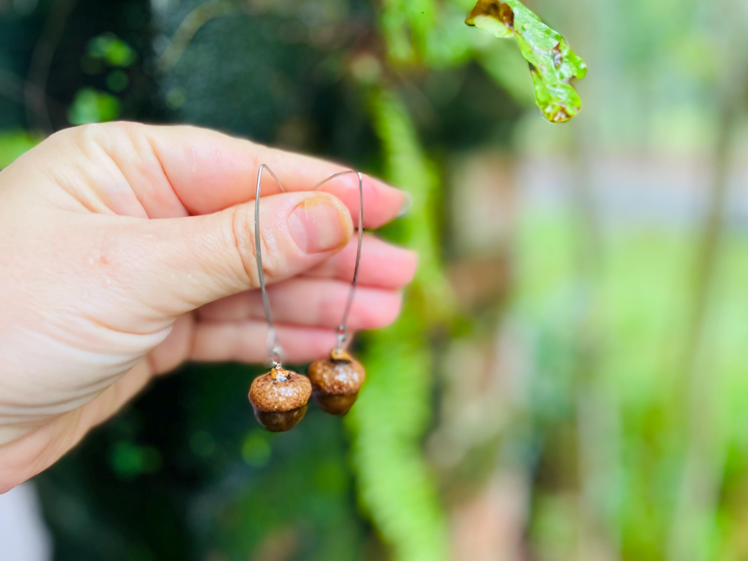 Real Acorn Threader Earrings: Rustic Fall Woodland Jewelry