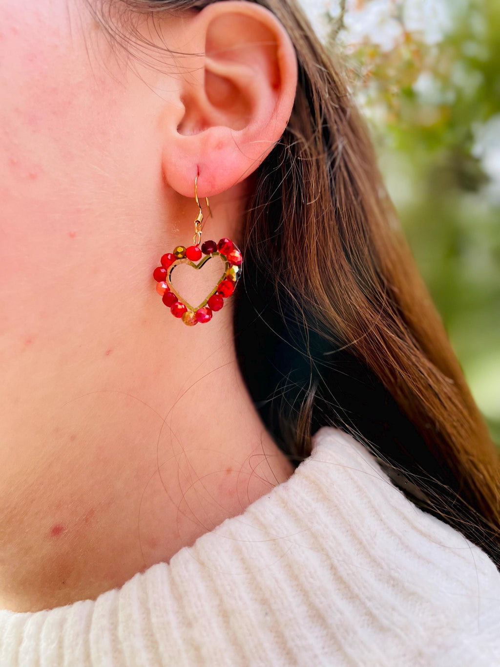 Red Beaded Heart Hoop Earrings: 14K Gold Romantic Dangle Earrings