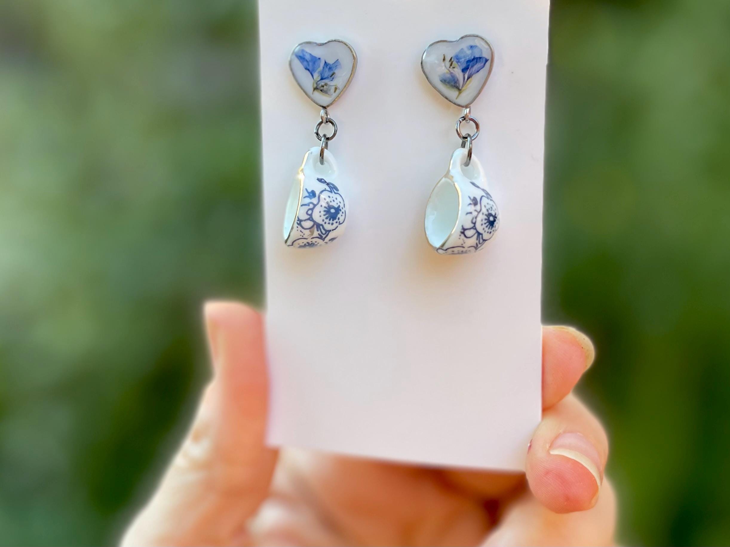 Tea Cup Dangle Earrings: Pressed Flower Heart, Blue & White Porcelain Studs 20th Anniversary