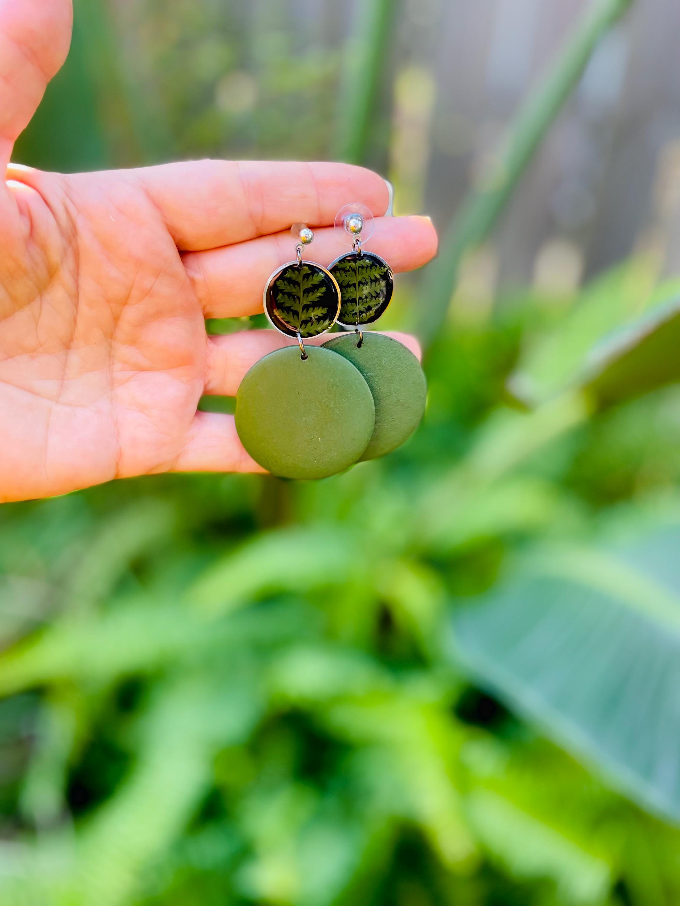 Green Fern Wooden Christmas Earrings: Clip-On/Post Options | Tree-Inspired Design