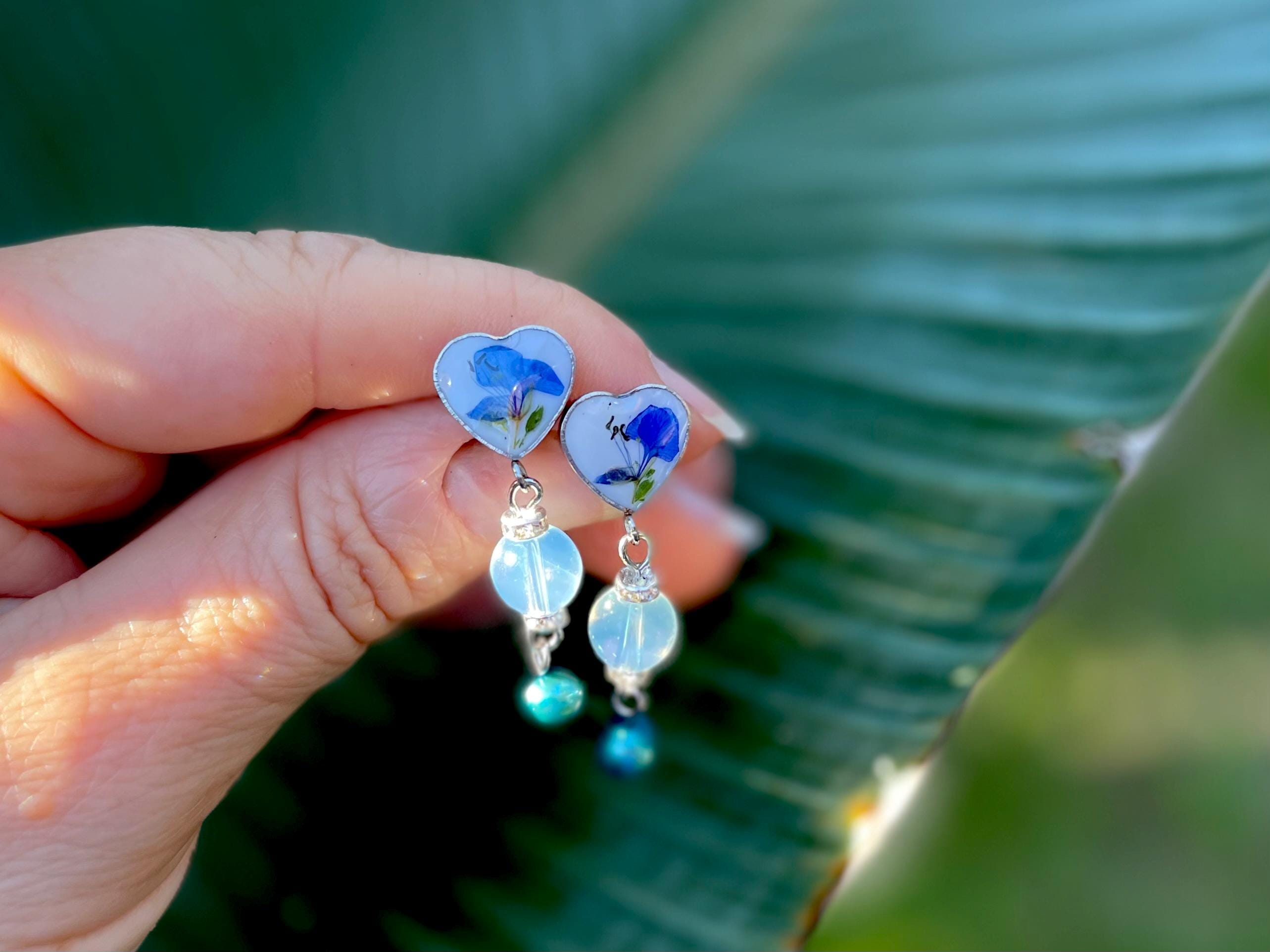 Patina Blue Pearl Floral Earrings: Pressed Flower Resin Jewelry Opal
