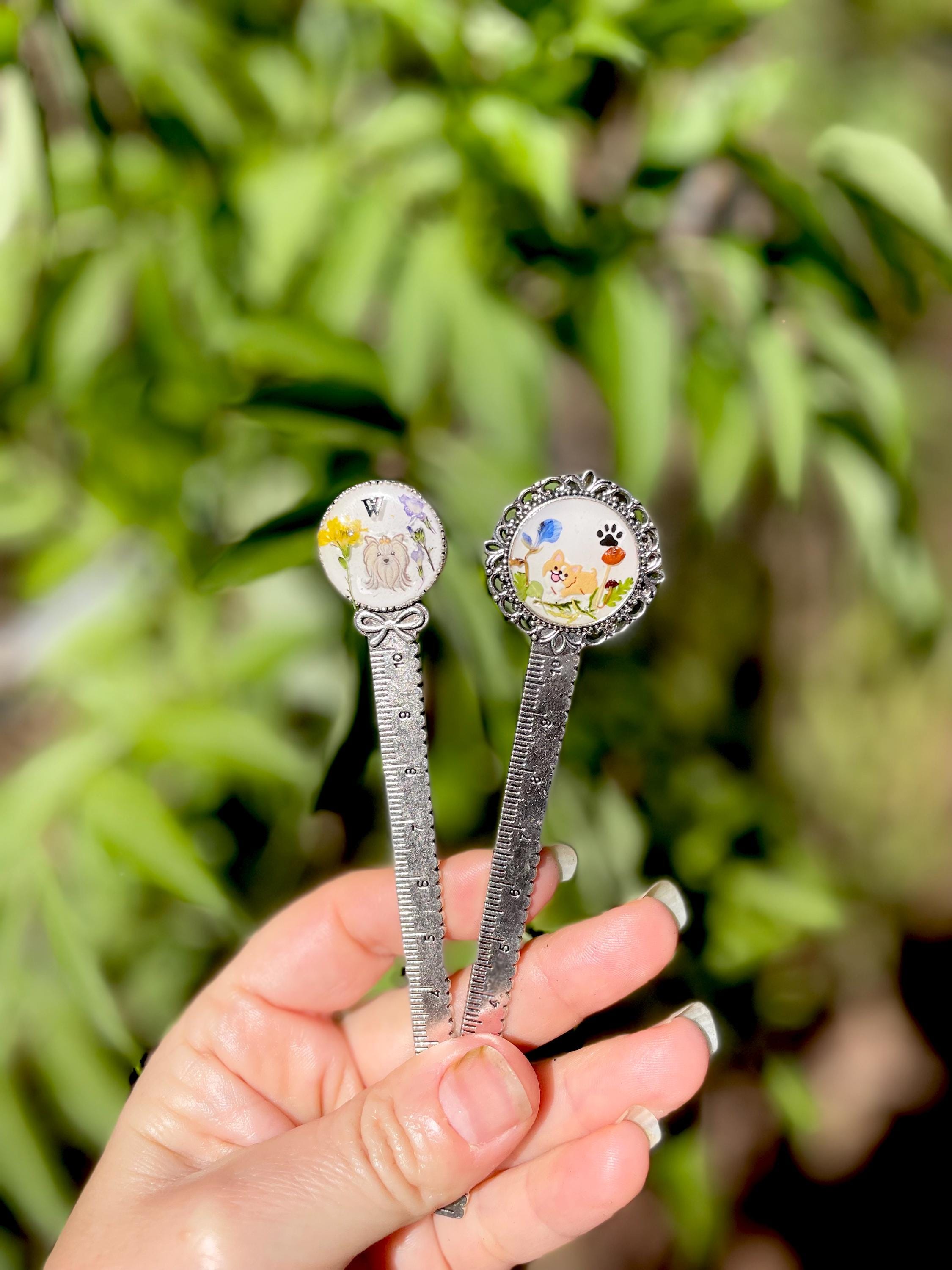 Personalized Cat Dog Bookmark with Real Mushrooms & Flowers | Custom Metal Initial Book Lover Gift