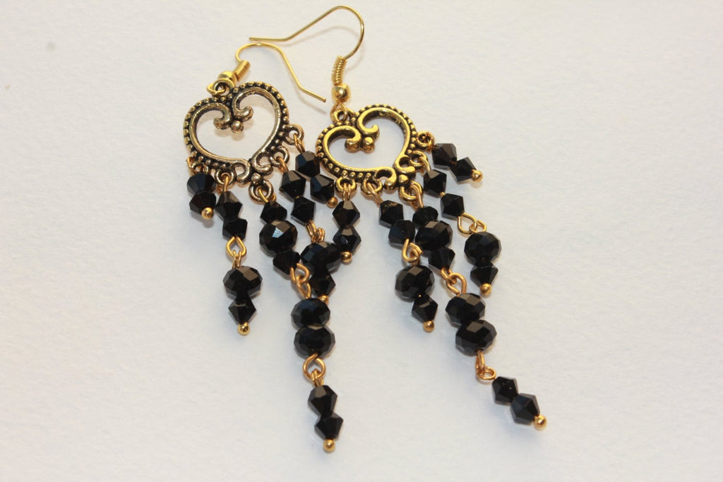 Mothers Day gift, Gold and black Heart earrings, long chandelier earrings, romantic gift for girlfriend wife, bohemian beaded earrings mom