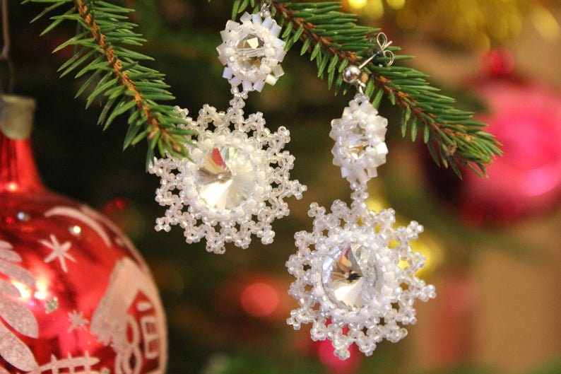 White Christmas Tree Earrings Beaded: Unique Pearl Silver Winter Holiday Dangles for Women