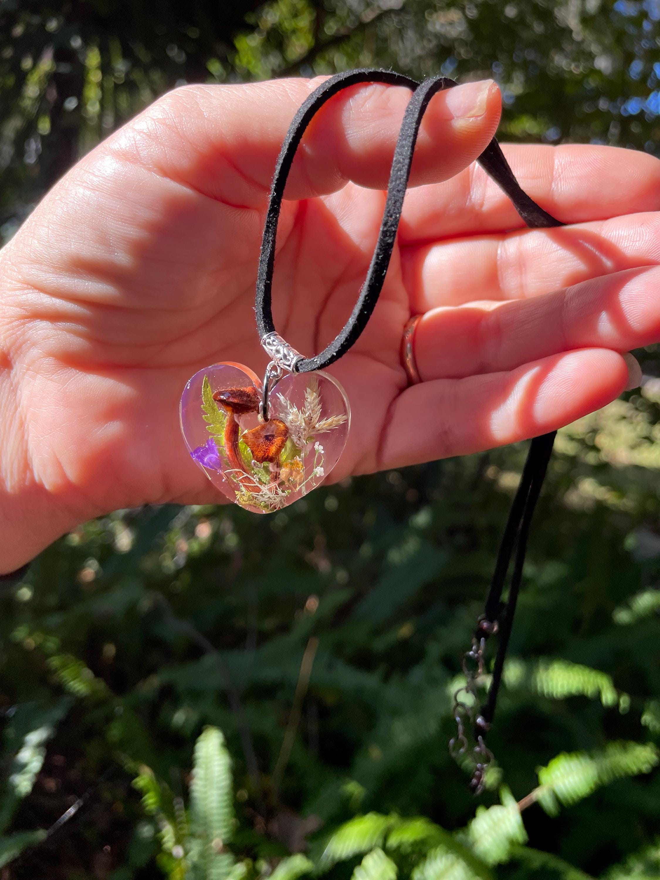 Personalized Mushroom Heart Pendant Necklace: Dried Moss Terrarium Jewelry, Custom Birthstone Choker