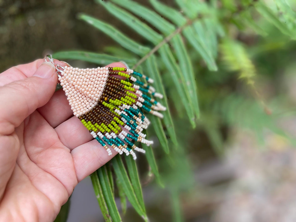 Earthy Seed Bead Fringe Earrings: Handmade Fall Jewelry Emerald Green Olive tassel
