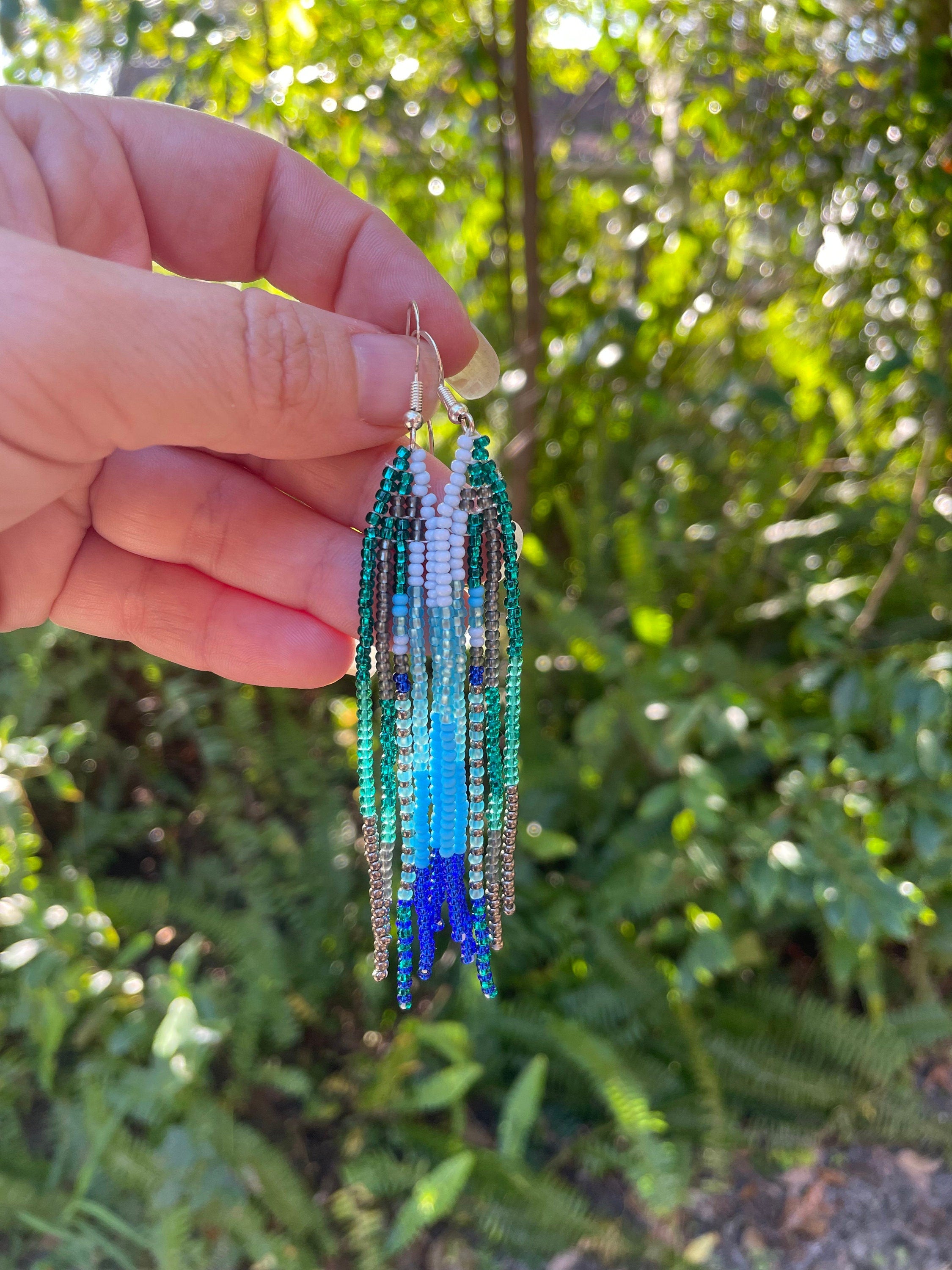 Patina blue Turquoise beaded earrings Long Emerald green Fringe earrings Ombre Chandelier Seed bead earrings Boho beadwork Dangle handmade