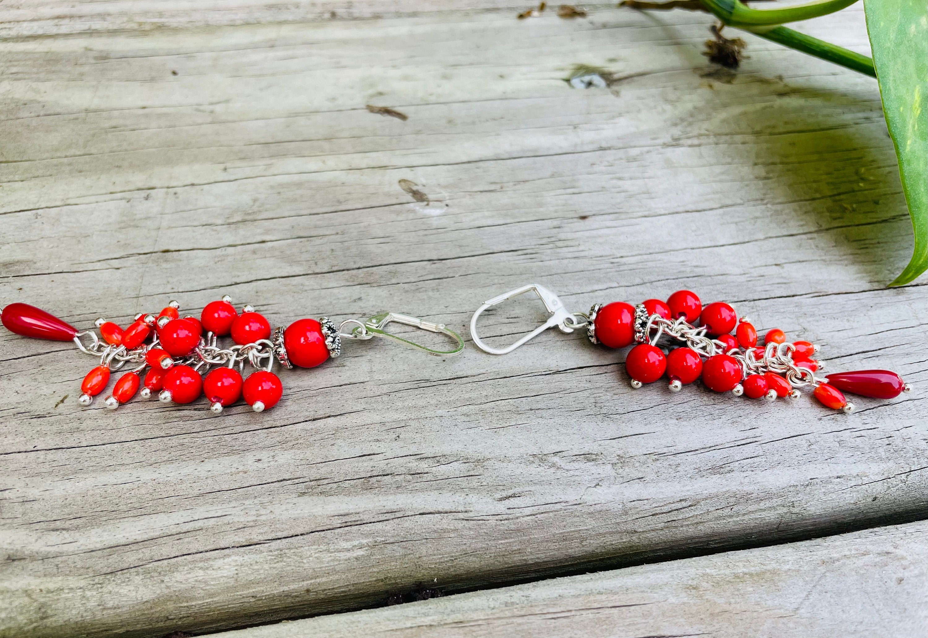 Valentines day Red coral statement earrings gift for women, mom birthday gift gemstone cluster earrings, unique gift for her dangle earrings
