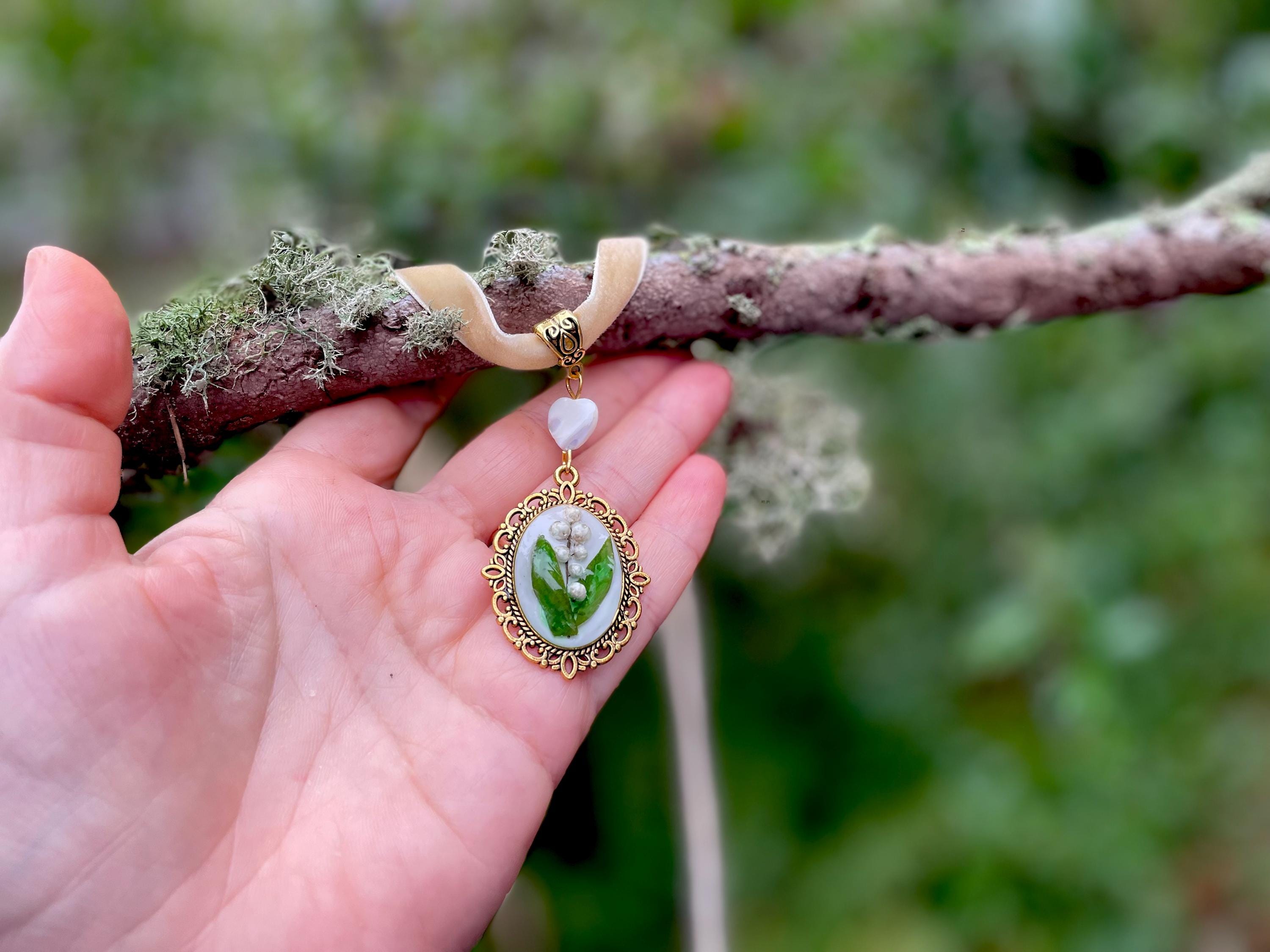 Lily of the Valley Necklace: Real Flower Pendant, Mother of Pearl Heart, Velvet Ribbon