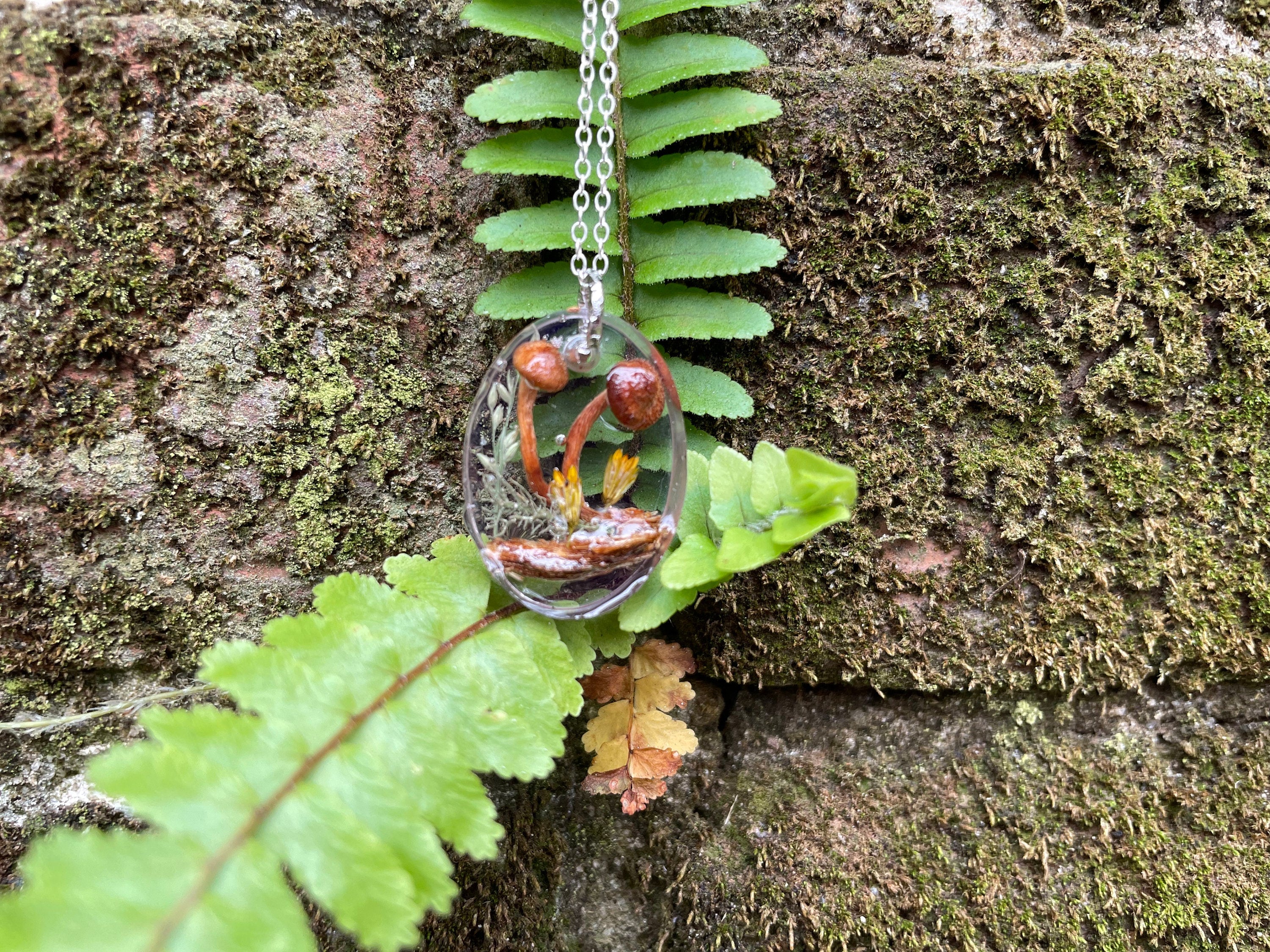 Personalized Birthstone Oval Mushroom Necklace: Wood Resin Terrarium Pendant for Men Silver Chain / Leather Cord