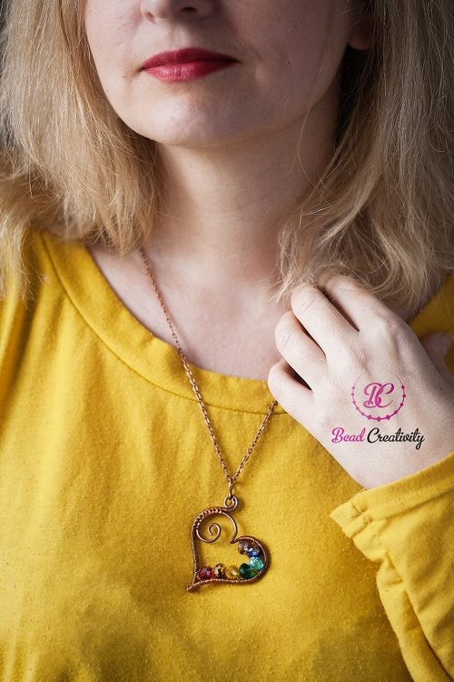 Aesthetic necklace Heart chakra necklace copper for women, Big Heart pendant, Copper Heart jewelry with rainbow crystals, Ukrainian seller