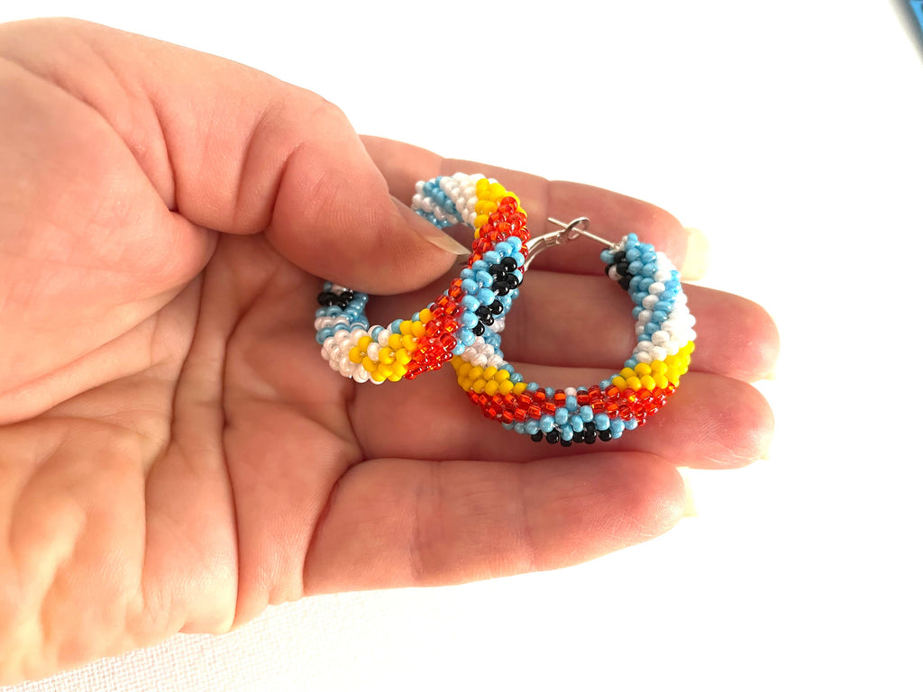 Beaded hoop earrings for her, Turquoise hoop earrings 1.2", Native Americans seed bead earrings, western bridesmaid gifts, Ethnic earrings