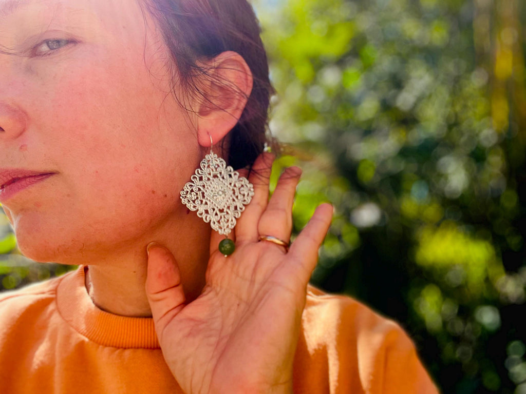 Silver Filigree Dangle Earrings: Sage Green Jade, Boho Bohemian