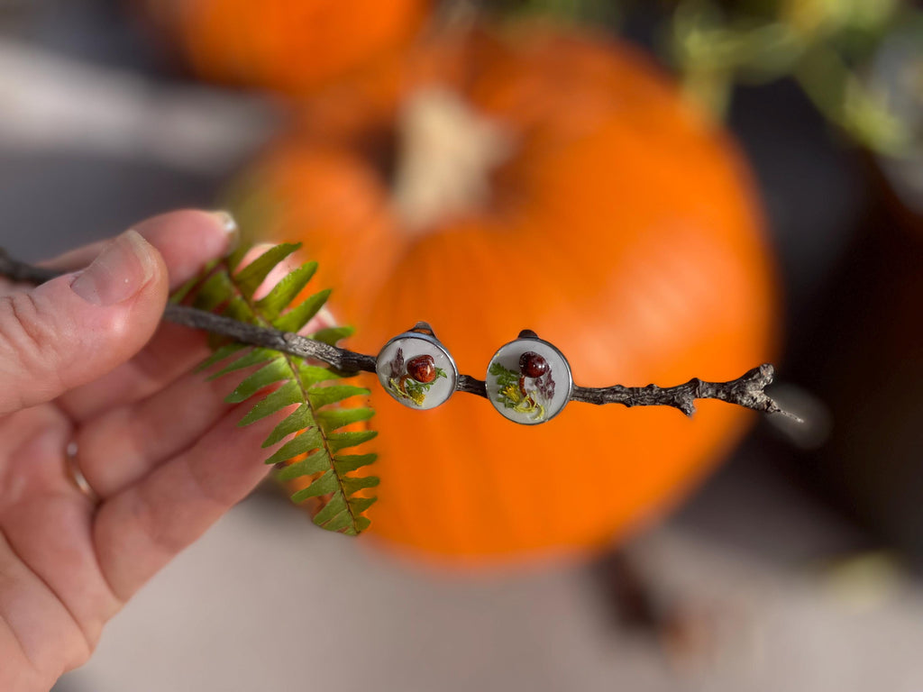 Mushroom Earrings Stud/Clip on: Real Moss and Fern, Sterling Silver, Botanical Jewelry