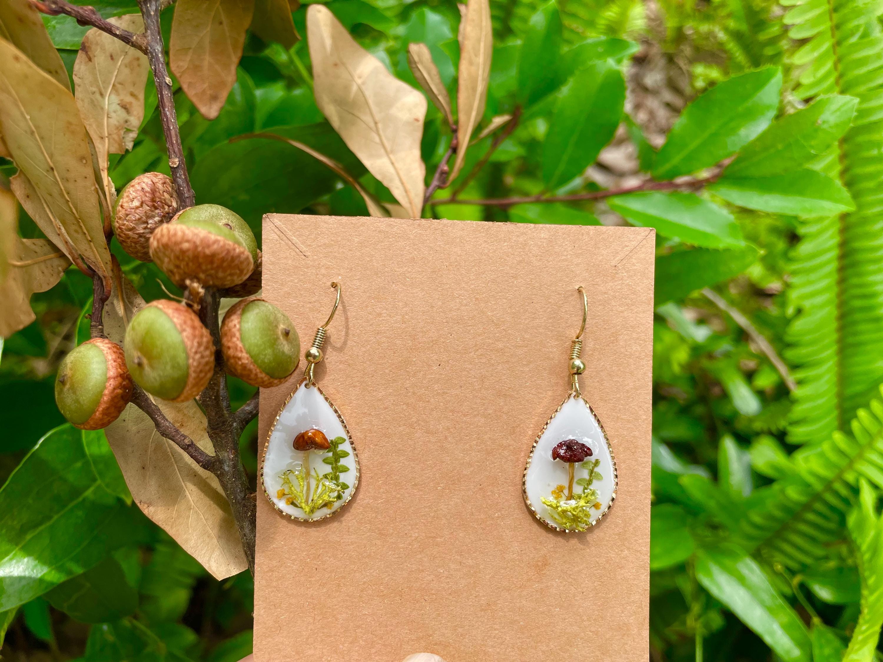 Mushroom Earrings: Real Wildflower Fern, 14K Gold, Personalized Birthstone