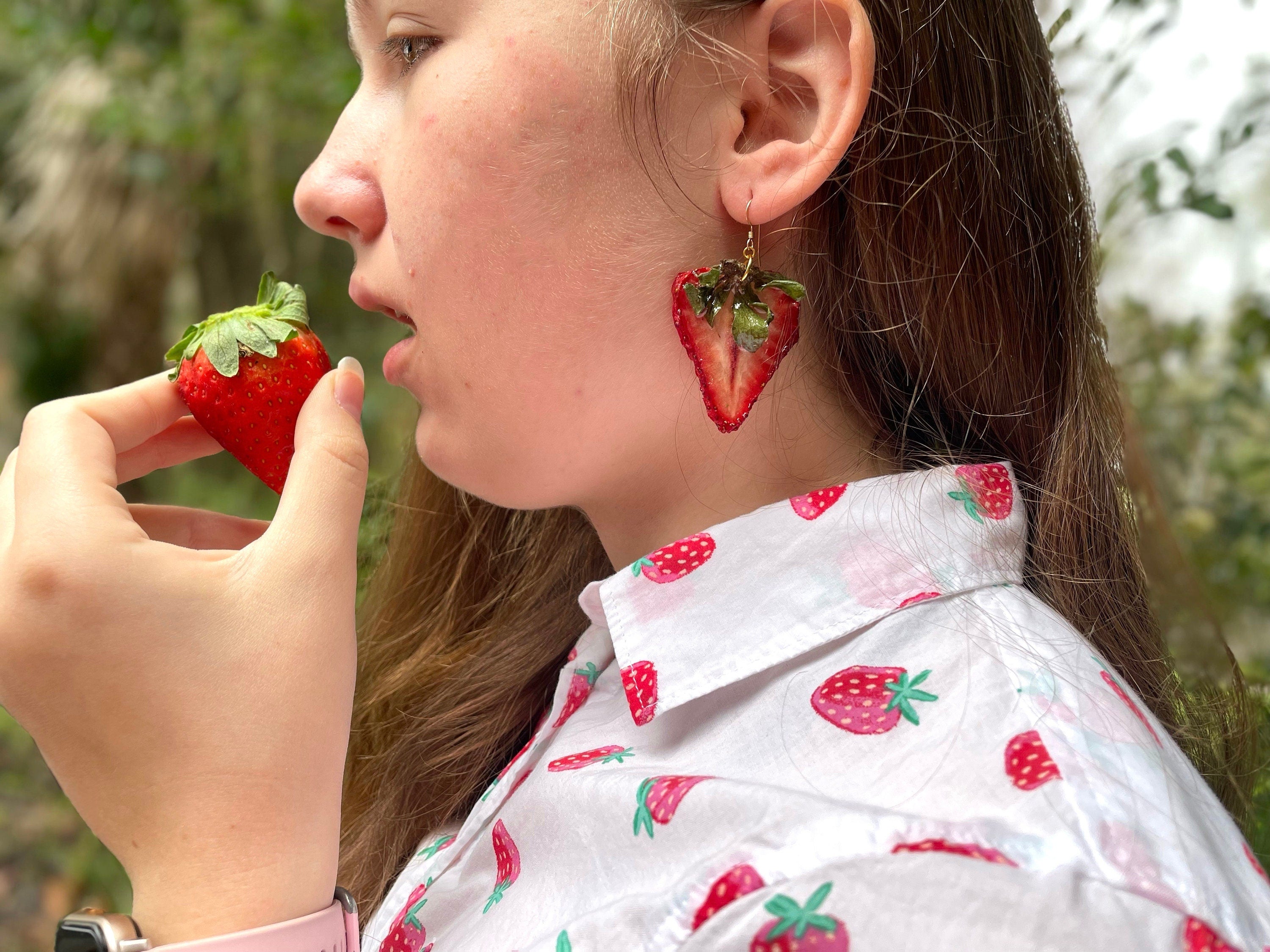 Real Strawberry Earrings Resin: 14K Gold Filled Red Fruit Jewelry for Galentine Day