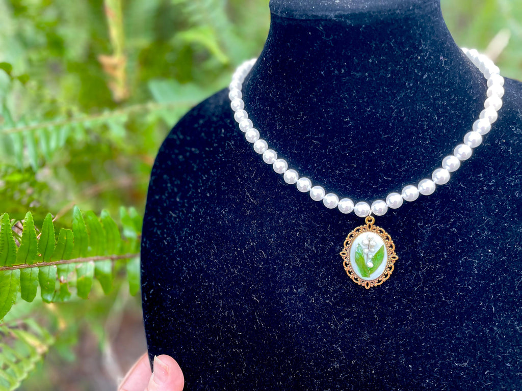 Lily of the Valley Necklace: May Birth Flower, Real Flower Resin Pendant