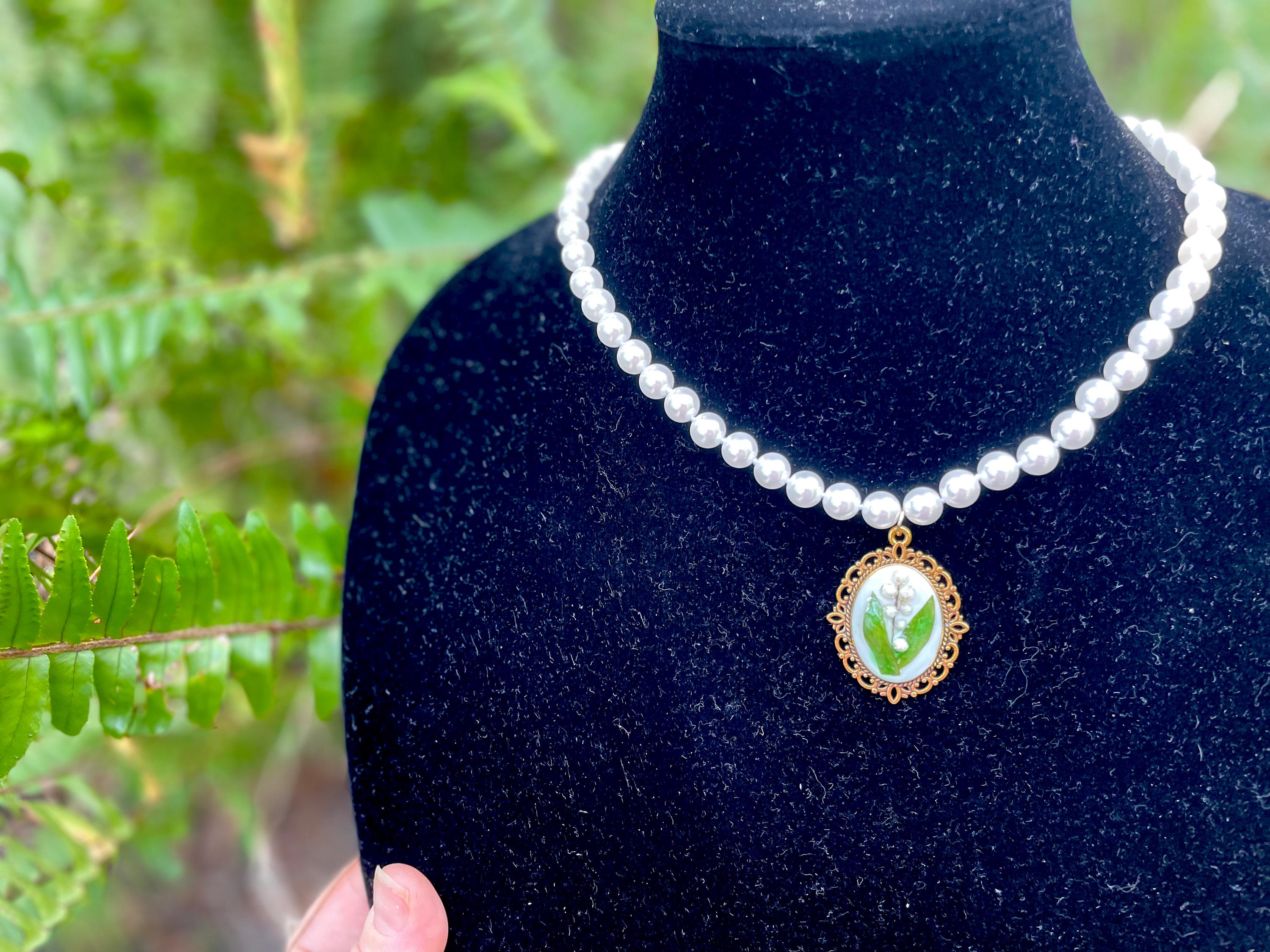 Lily of the Valley Necklace: May Birth Flower, Real Flower Resin Pendant