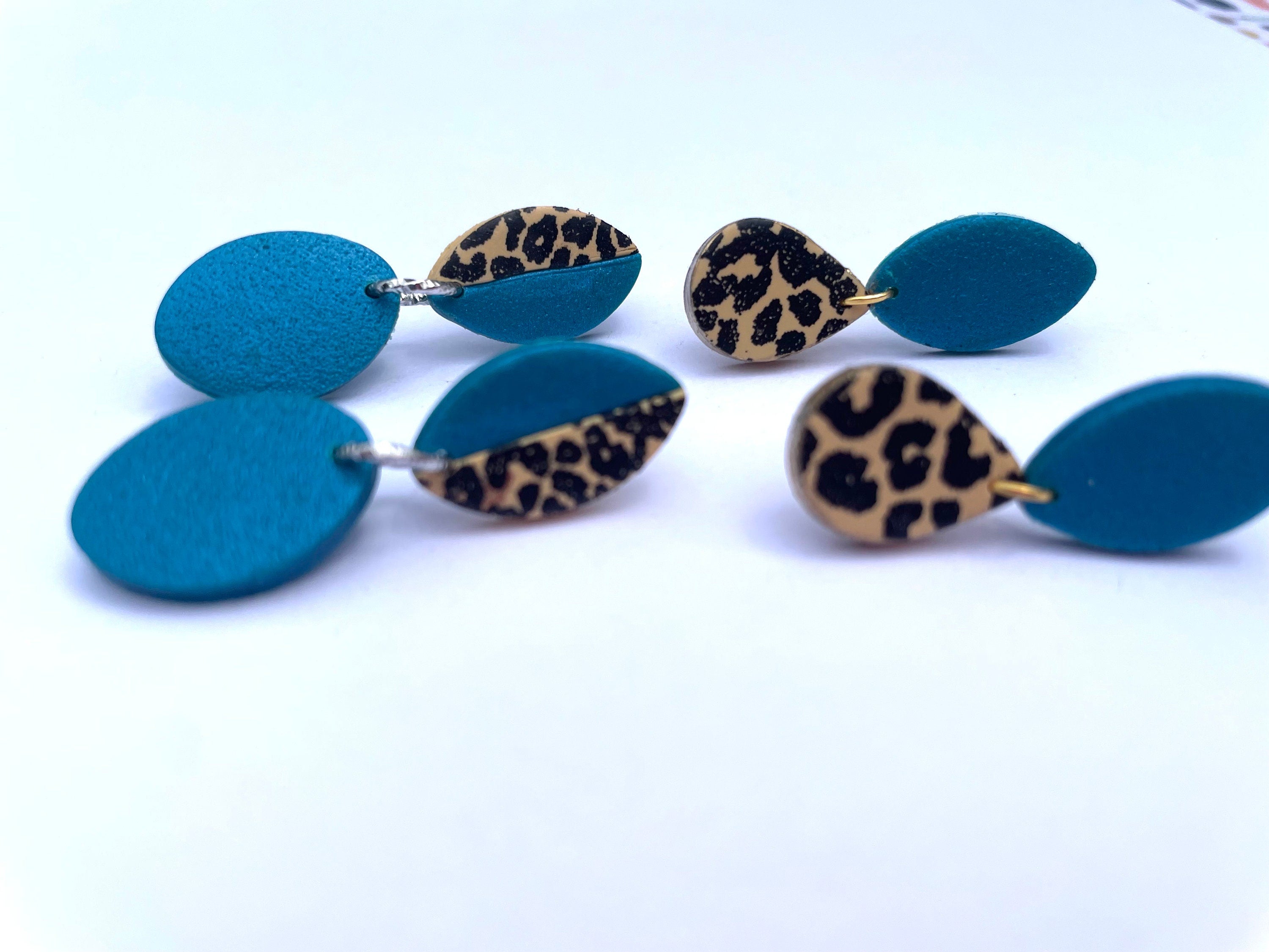 Patina blue and Leopard Drop Earrings stud Jacksonville Jaguars cheer mom Polymer Clay Earrings Thoughtful Gift Idea for Friends Girlfriend