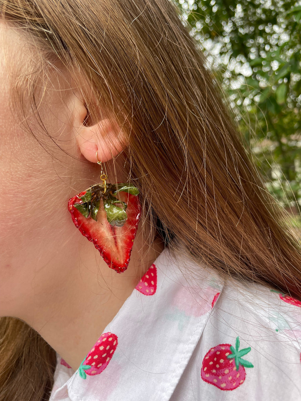 Real Strawberry Resin Earrings: 14K Gold Filled Dangle Earrings