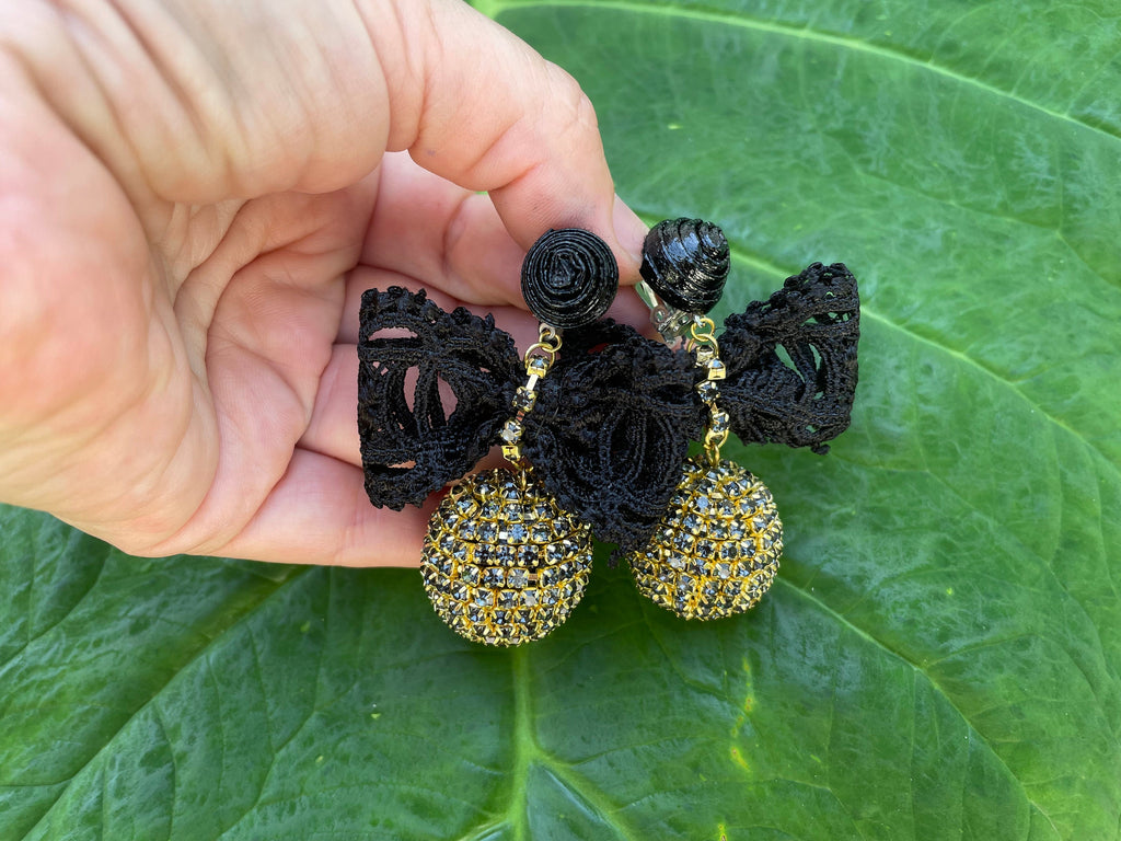 Rhinestone wrapped ball with velvet lace bowknot bonbon earrings, Black bow and gold sphere clip-on earrings, Knotty Bows gift for her