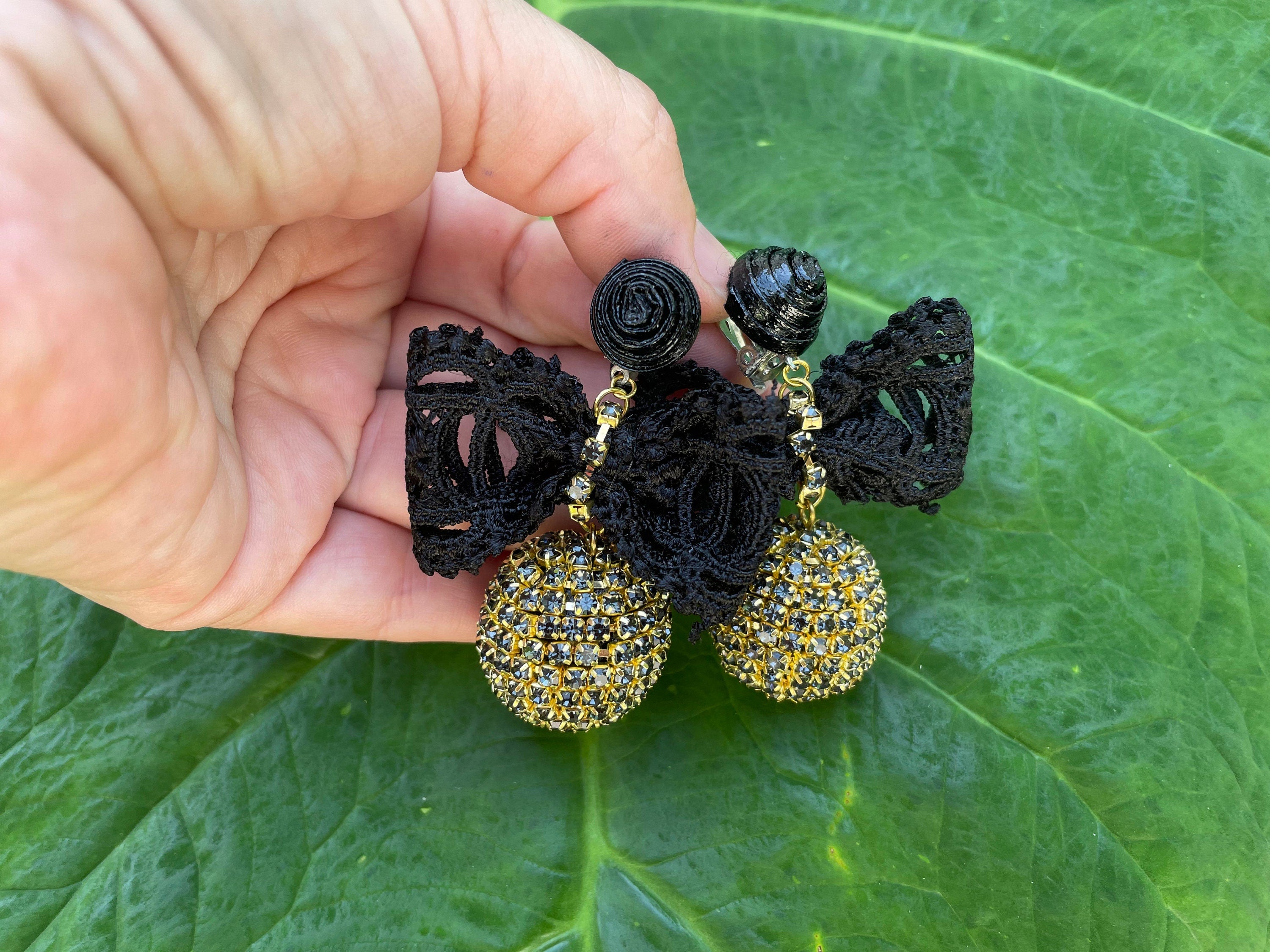 Rhinestone wrapped ball with velvet lace bowknot bonbon earrings, Black bow and gold sphere clip-on earrings, Knotty Bows gift for her