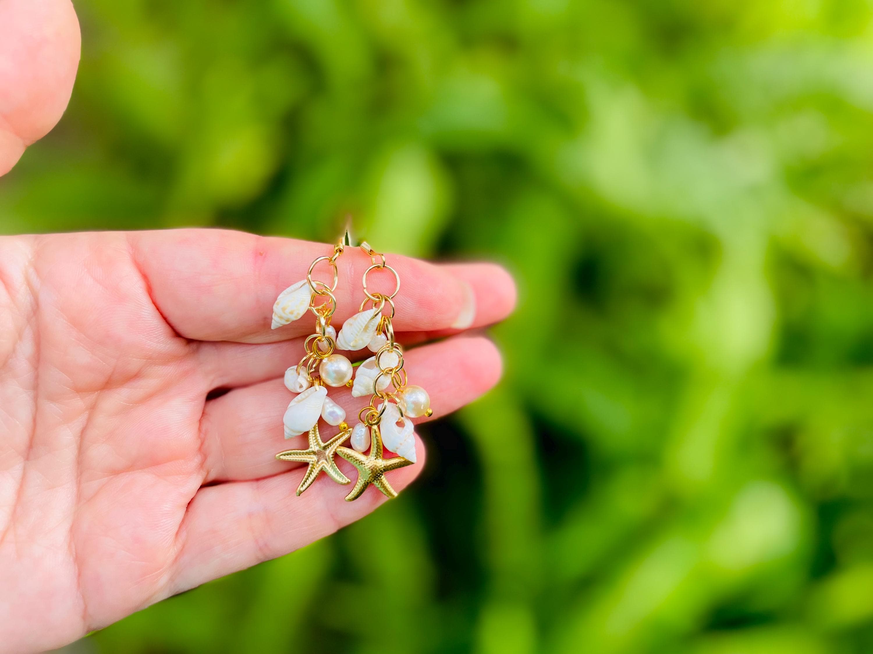 Starfish & Pearl Ocean Earrings: Seashell Beach Wedding Jewelry Gold