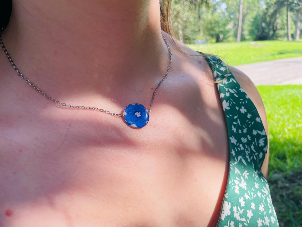 Dainty Forget-Me-Not Necklace: Real Flower Resin Jewelry, September Birth Month