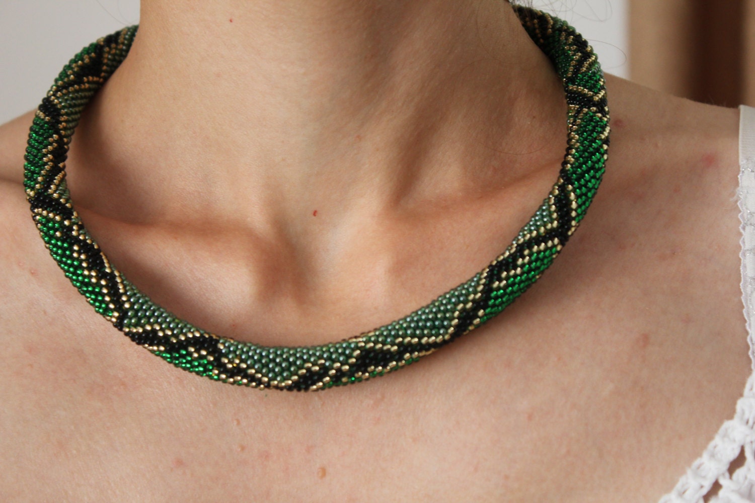 Beaded Snake Choker: Green Ouroboros Necklace, Wild Animal Jewelry
