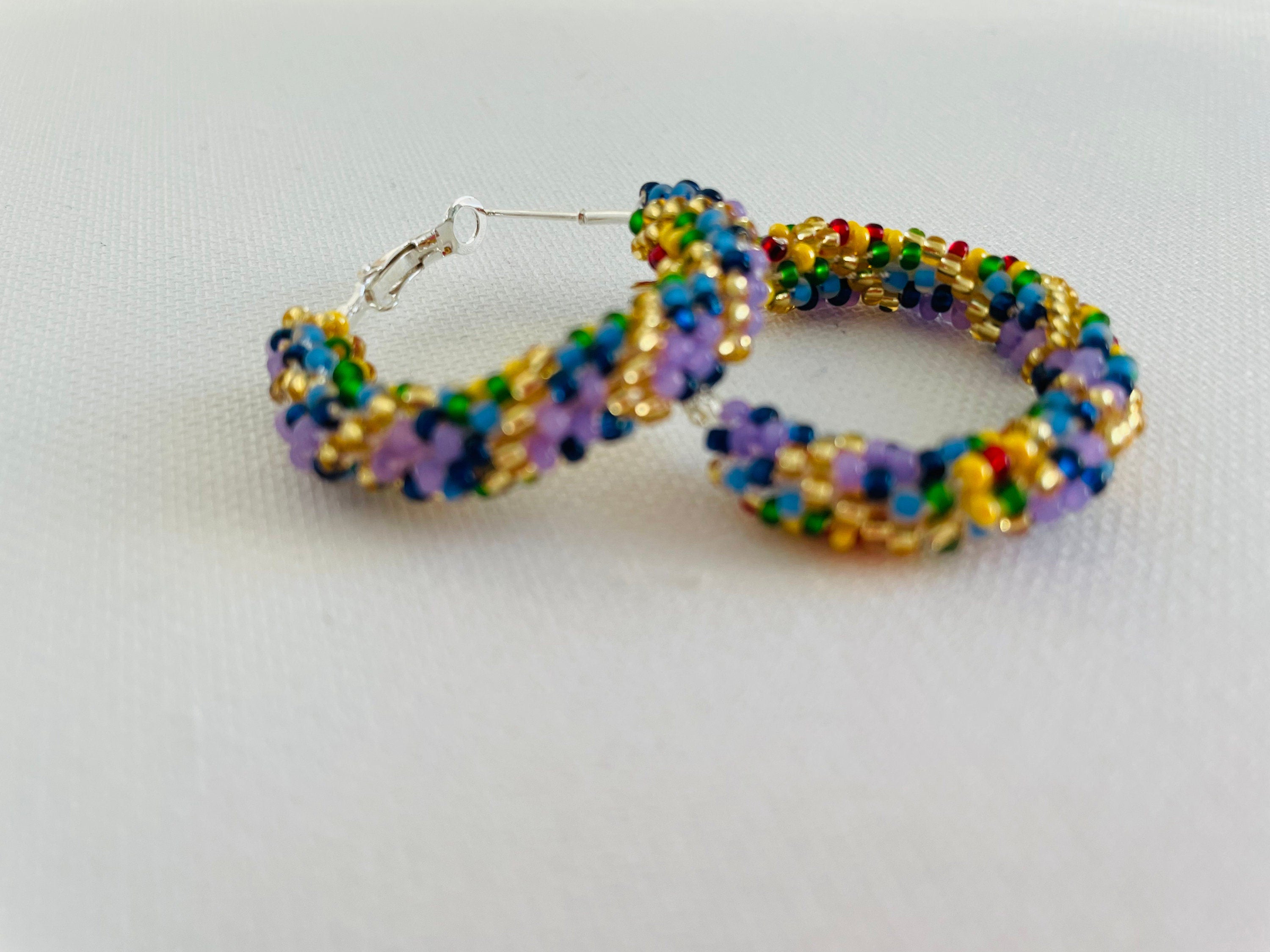 Multicolored hoop earrings beaded, Native American midi hoops girlfriend gift earrings, bridal shower gift lesbian earrings southwest design