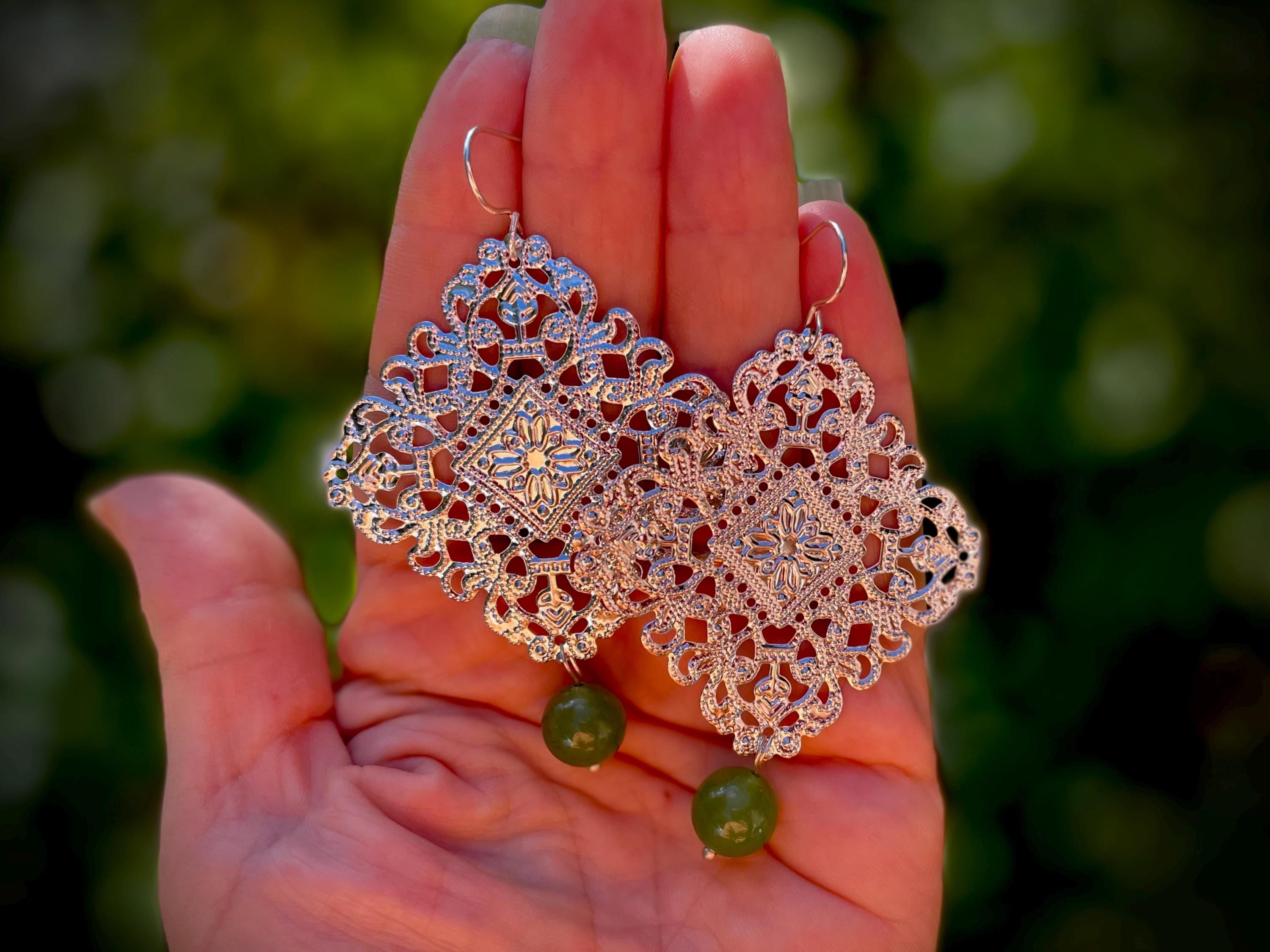 Silver Filigree Dangle Earrings: Sage Green Jade, Boho Bohemian