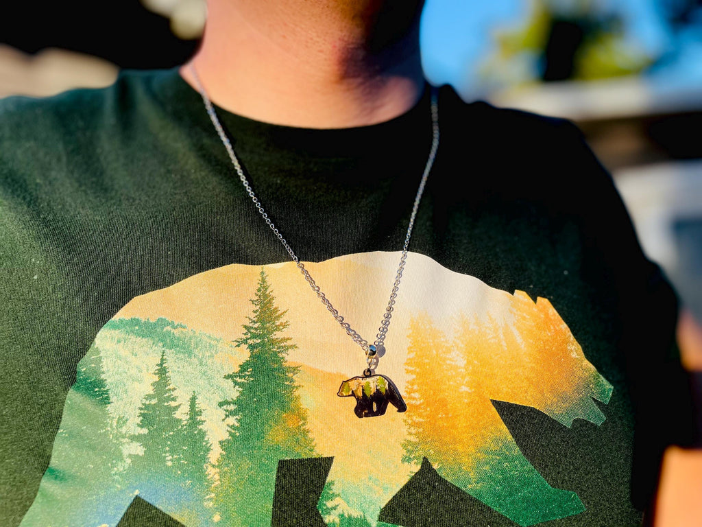 Silver Bear Pendant Necklace for Men: Pressed Fern and Flower Mountain Jewelry, Valentines day gift for him