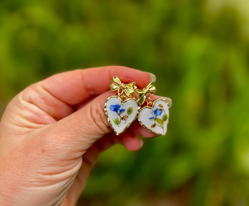 14 K Gold Bow Earrings Stud: Japanese Porcelain Inspired Heart Earrings Real Flower