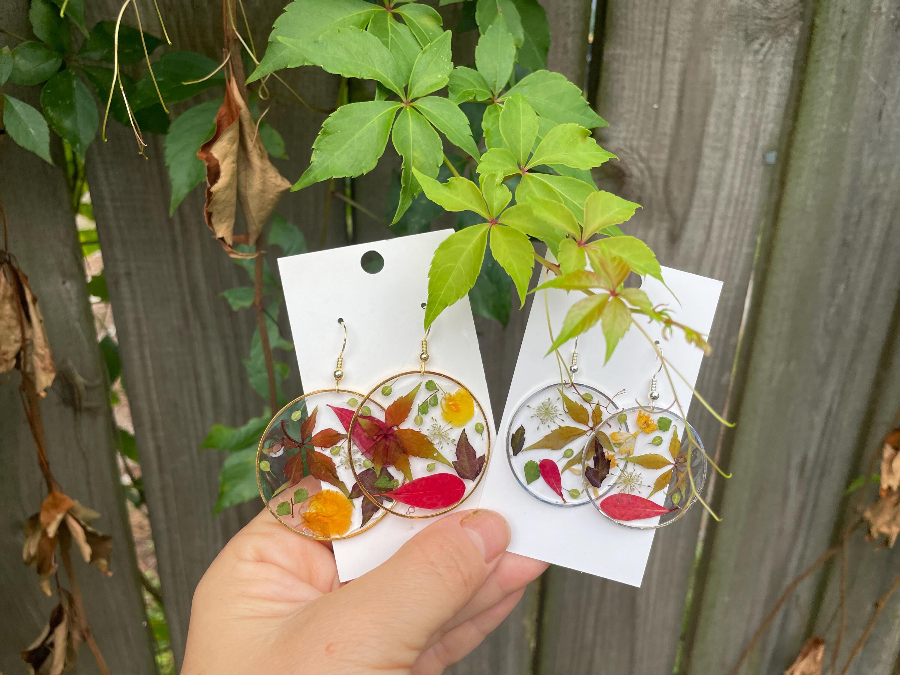 Fall Resin Earrings: Real Autumn Leaves, 14K Gold or Sterling Silver