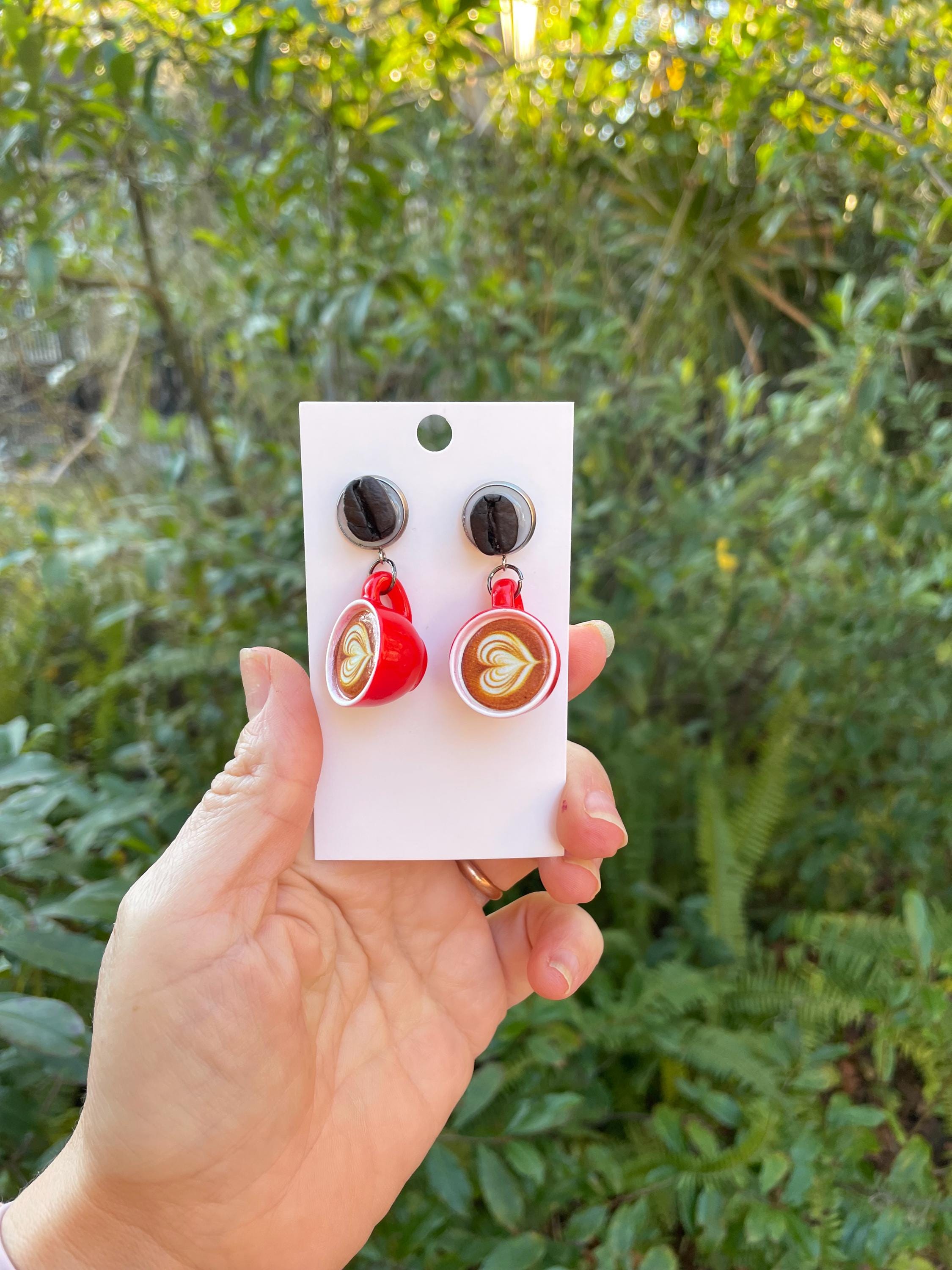 Handmade Real Coffee Bean Latte Cup Earrings: Whimsical Resin Food Jewelry