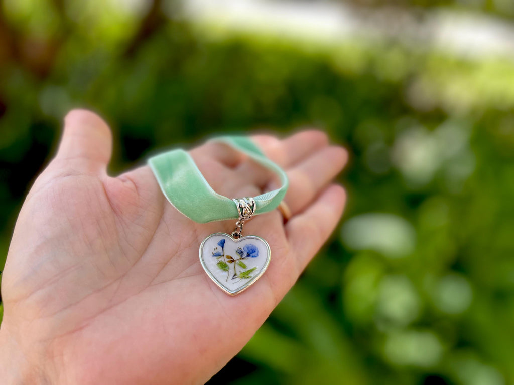 Handmade Victorian Heart Cameo Choker Collar: Sage Green Velvet Ribbon, Pressed Flowers Galentine