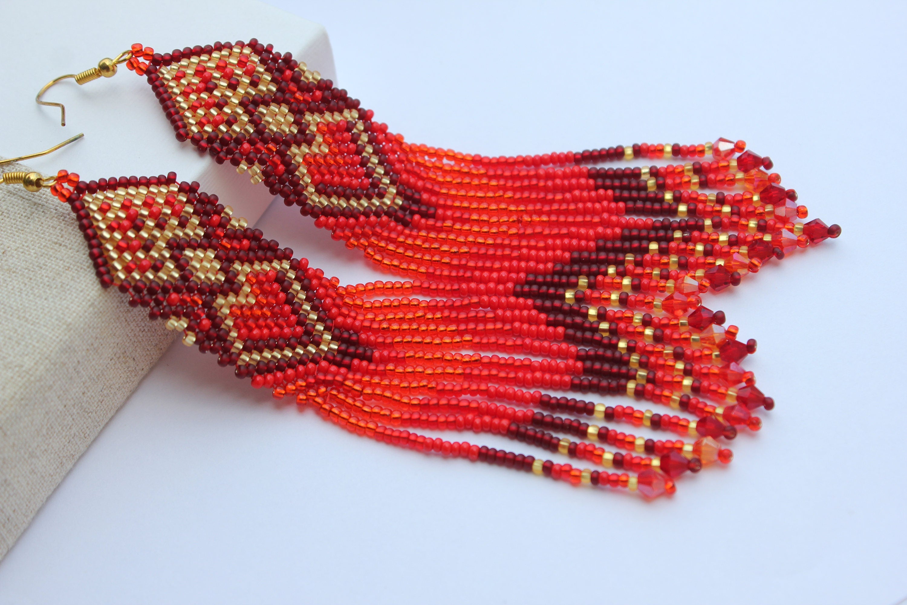 Heart earrings for women, Red gold Seed bead earrings, best friend gift, red Beaded earrings long, Native American style, Statement earrings