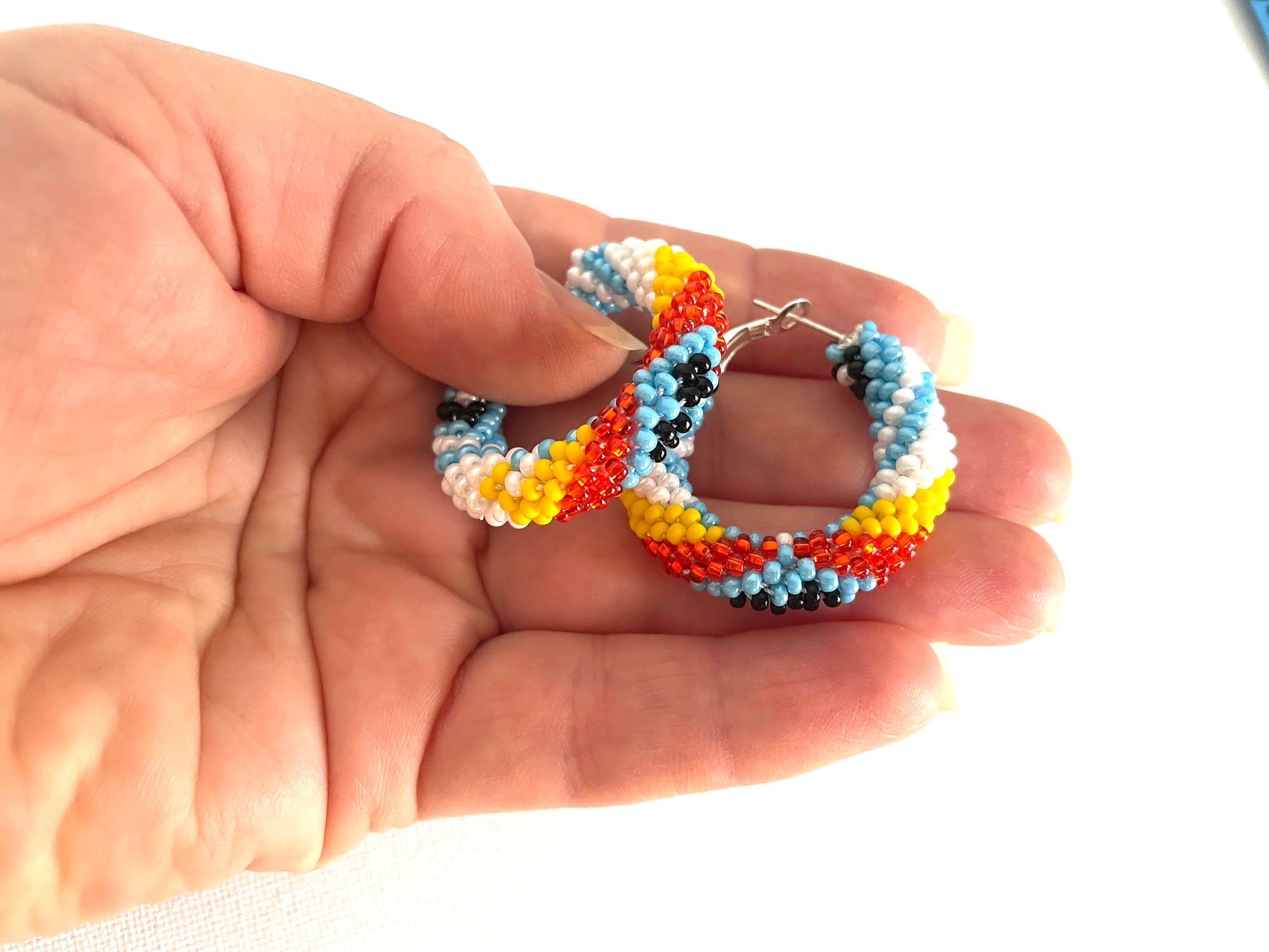 Turquoise Native Style Earrings, Ethnic Southwestern Style Hoop Earrings, Bead Crochet Hoops, Handmade jewelry, huggie hoop earrings silver