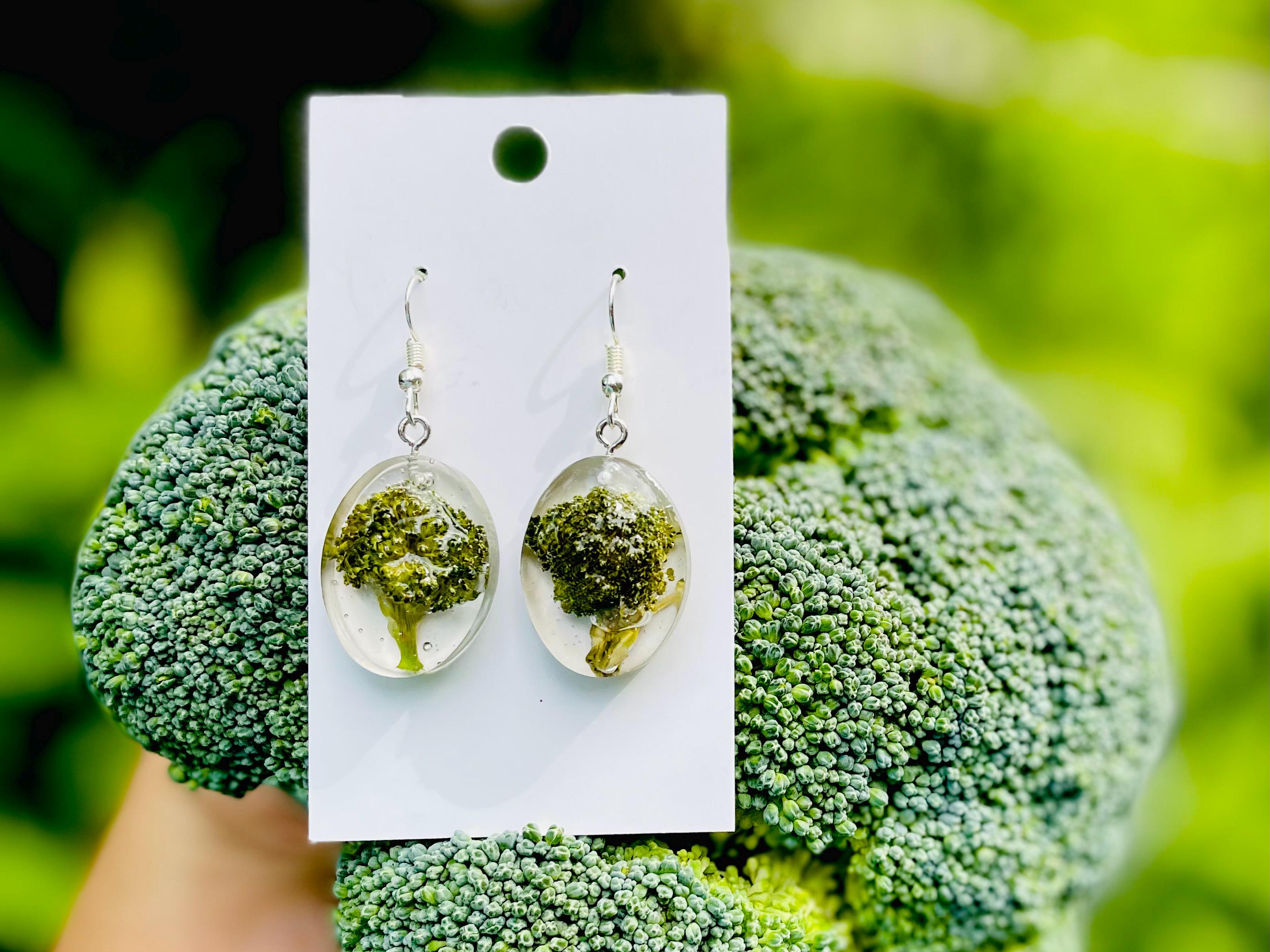 Real Broccoli Earrings: Handmade Resin Food Jewelry, Sterling Silver