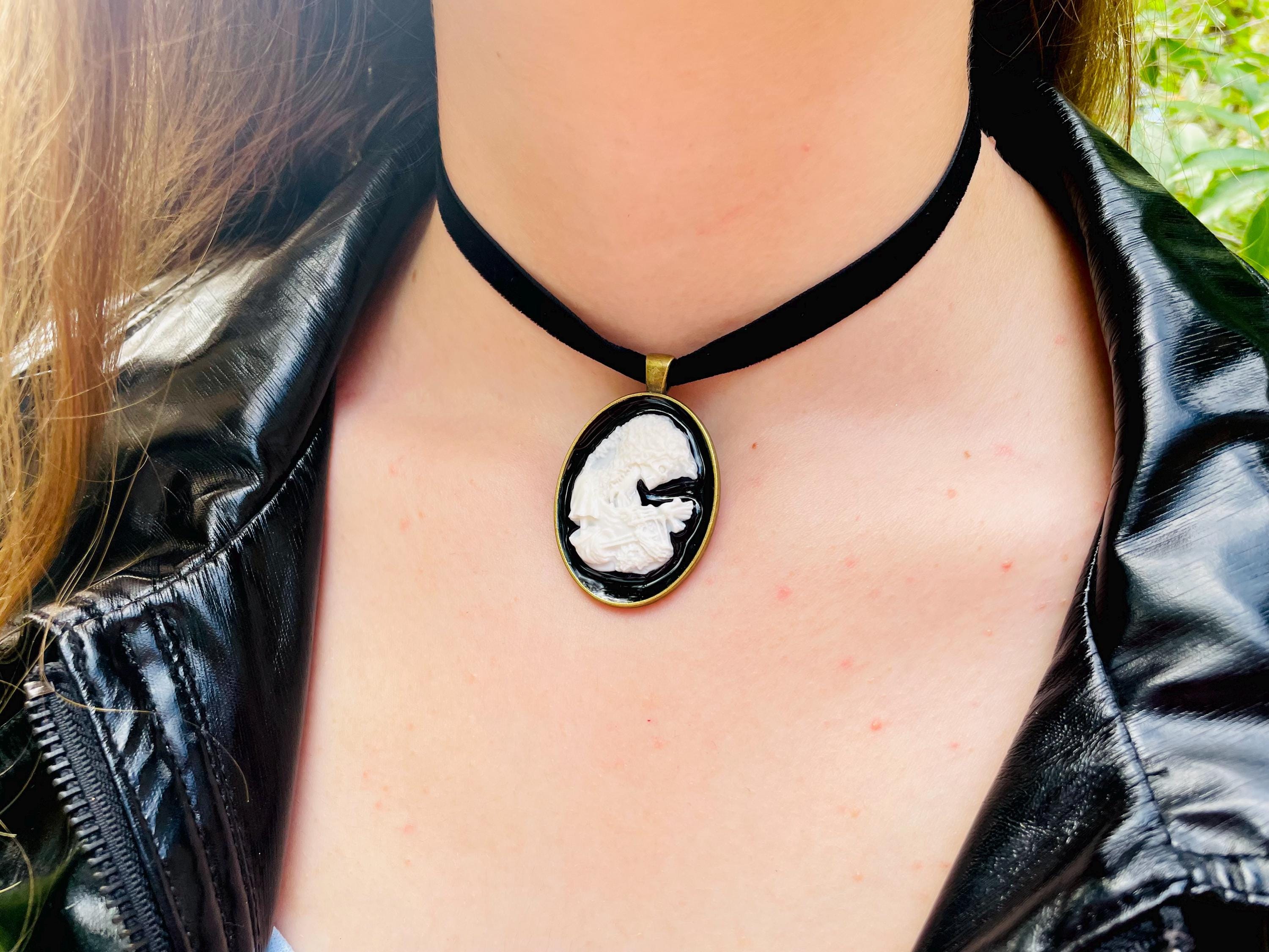 Skeleton Cameo Necklace: Halloween Velvet Ribbon Pendant, Victorian Gothic Jewelry