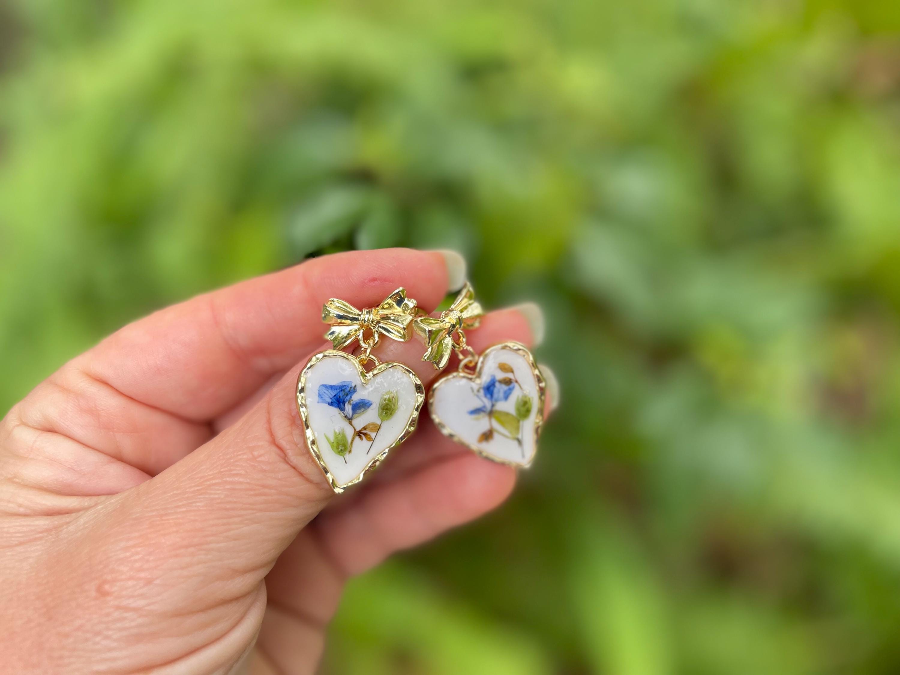 14 K Gold Bow Earrings Stud: Japanese Porcelain Inspired Heart Earrings Real Flower